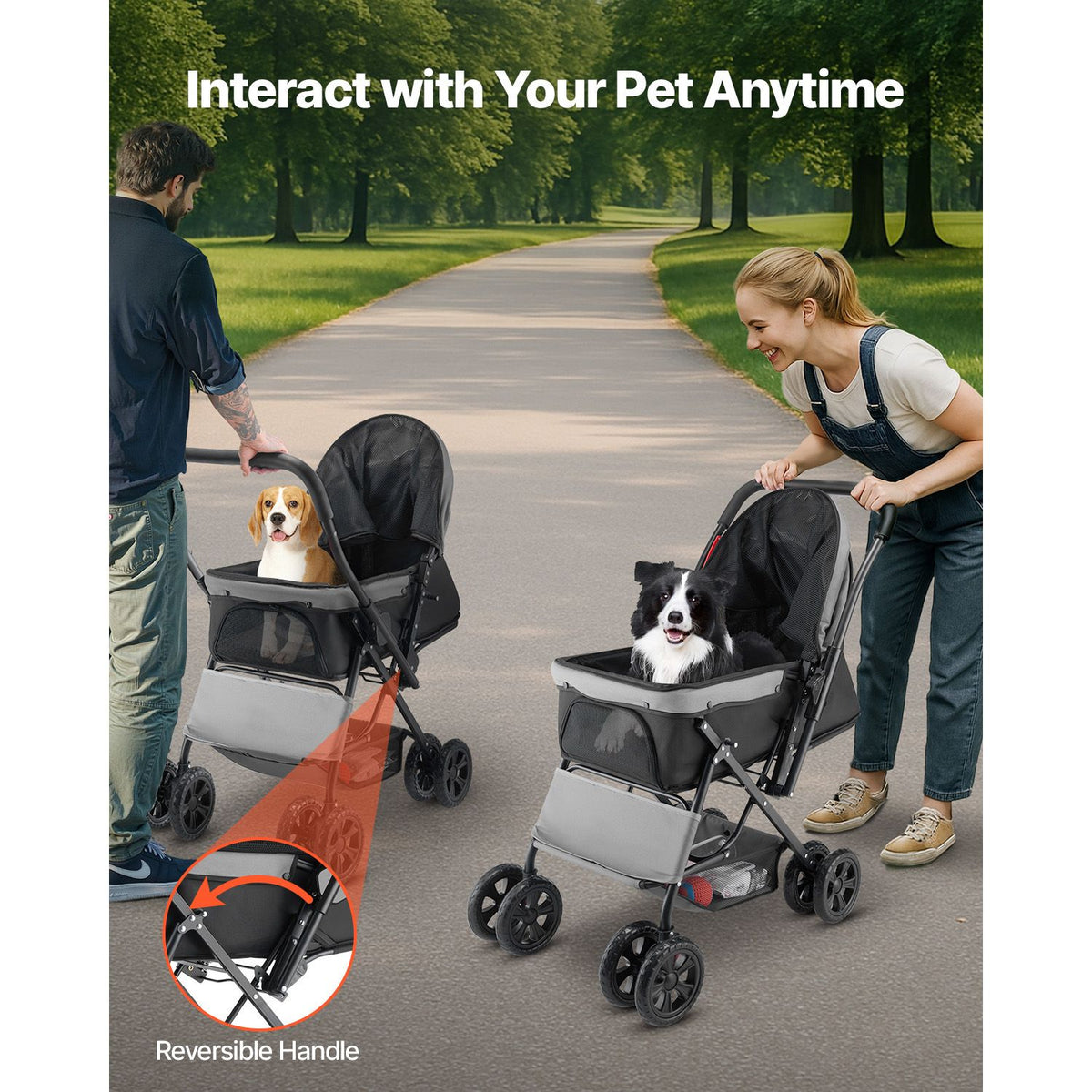 Pet Stroller, 20KG Weight Capacity, Foldable Dog Stroller Cart, 4 Wheels Cats Stroller with Mesh Windows & Revrsible Handle, Portable Pet Carrier Stroller with Brake, for Small to Medium Pets