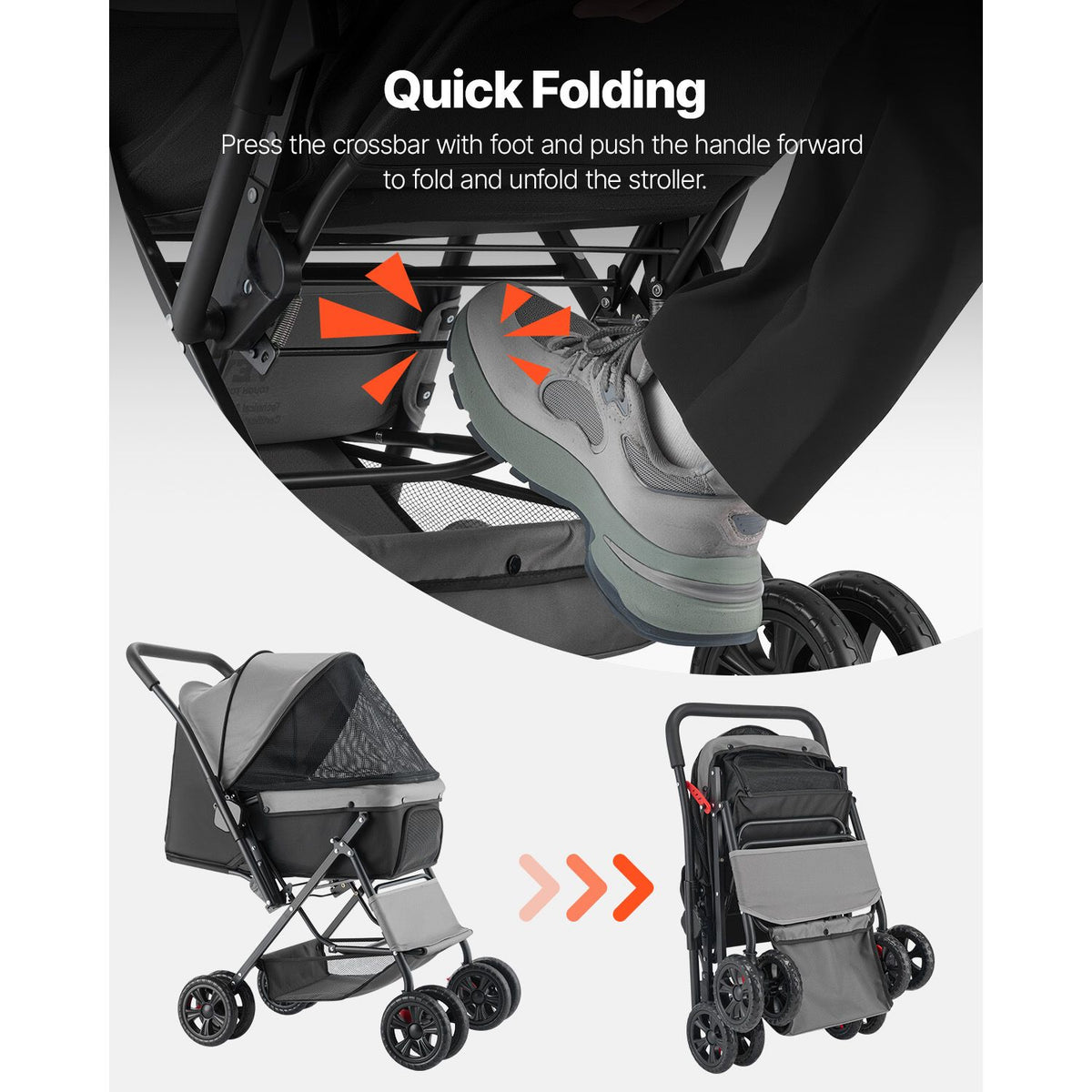 Pet Stroller, 20KG Weight Capacity, Foldable Dog Stroller Cart, 4 Wheels Cats Stroller with Mesh Windows & Revrsible Handle, Portable Pet Carrier Stroller with Brake, for Small to Medium Pets