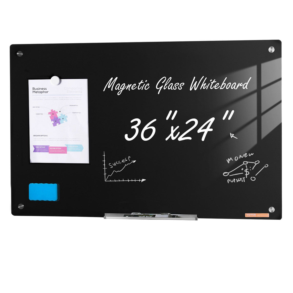 Magnetic Glass Whiteboard, Dry Erase Board 36"x24", Wall-Mounted Large White Glassboard Frameless, with Marker Tray, an Eraser and 2 Markers, Black