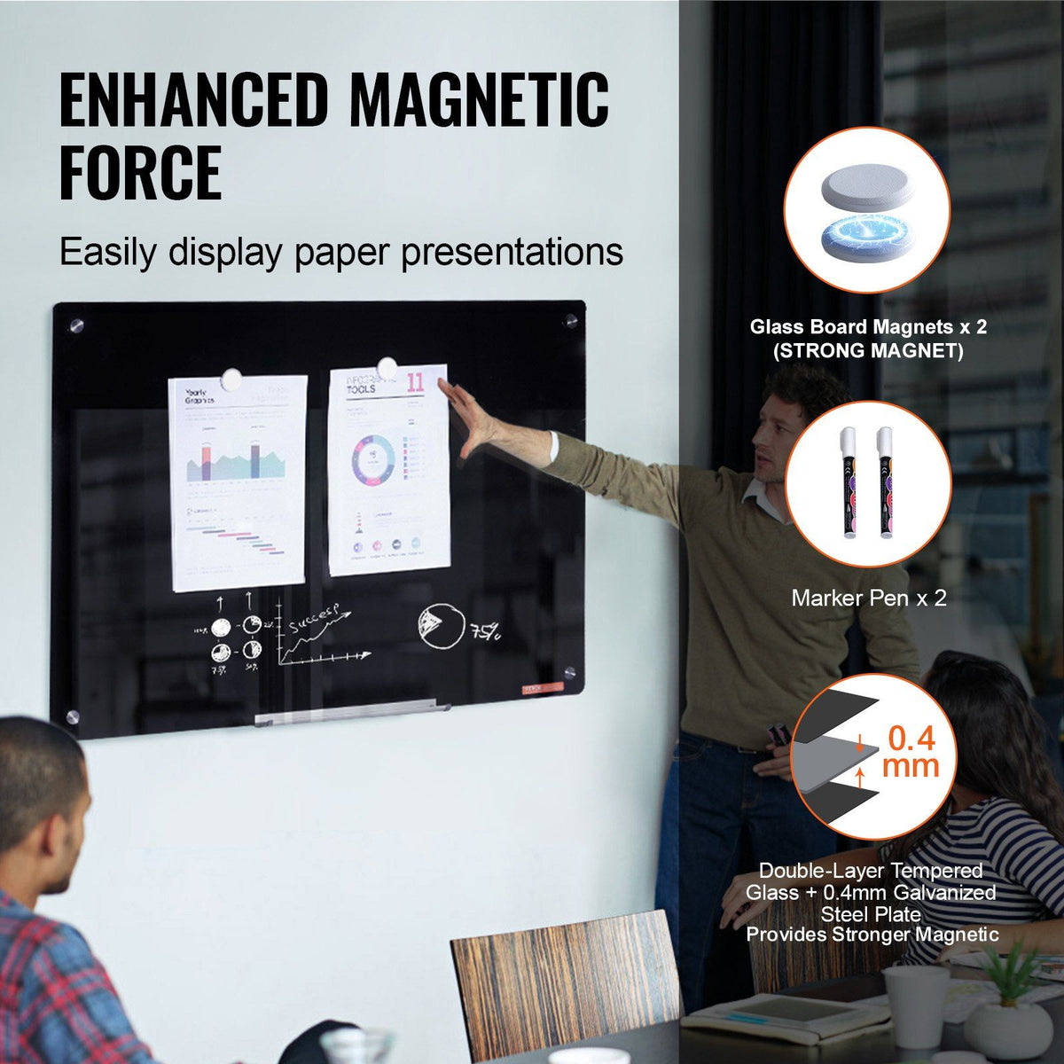 Magnetic Glass Whiteboard, Dry Erase Board 36"x24", Wall-Mounted Large White Glassboard Frameless, with Marker Tray, an Eraser and 2 Markers, Black