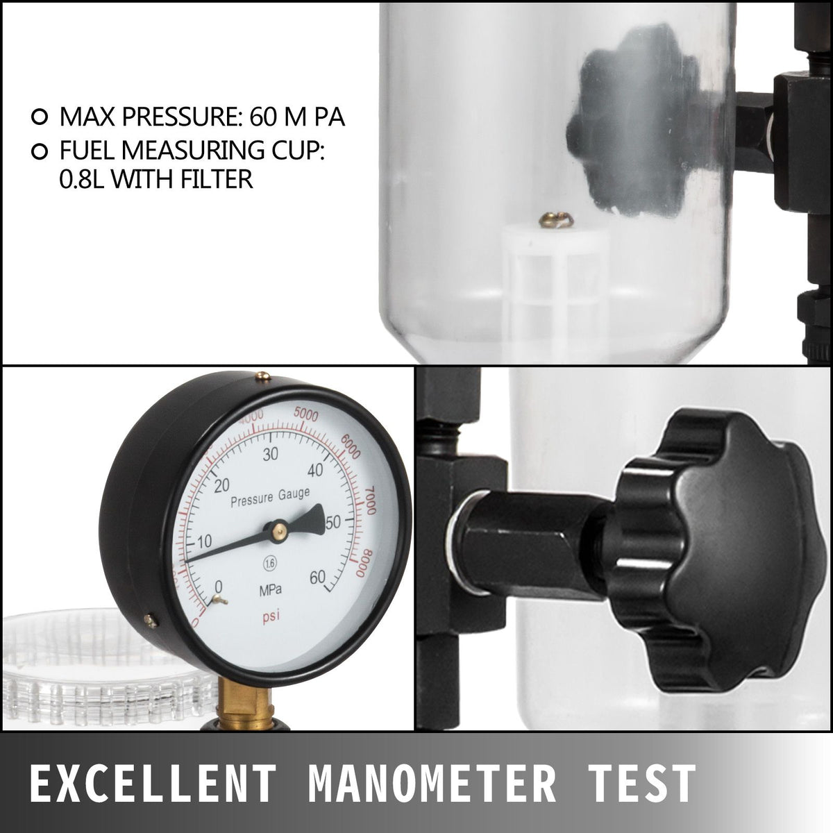 Diesel Injector Nozzle 
Pressure Tester Dual scale Manometer Test Tool 0-600Bar (0-8000PSI) 
60Mpa Test Pressure High Configuration