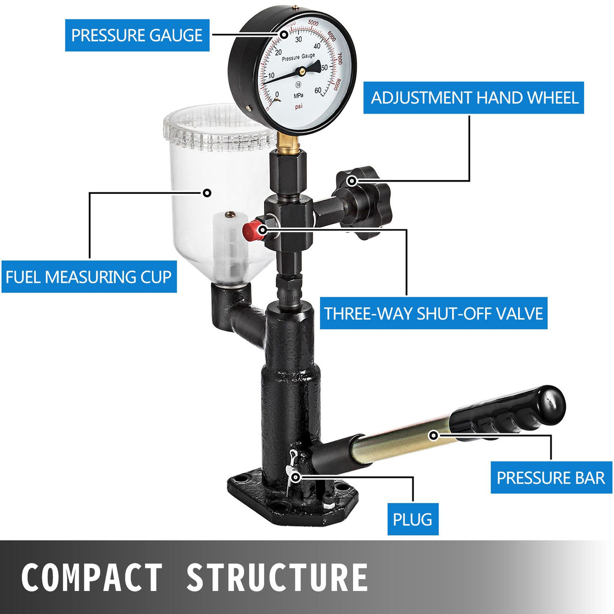 Diesel Injector Nozzle 
Pressure Tester Dual scale Manometer Test Tool 0-600Bar (0-8000PSI) 
60Mpa Test Pressure High Configuration