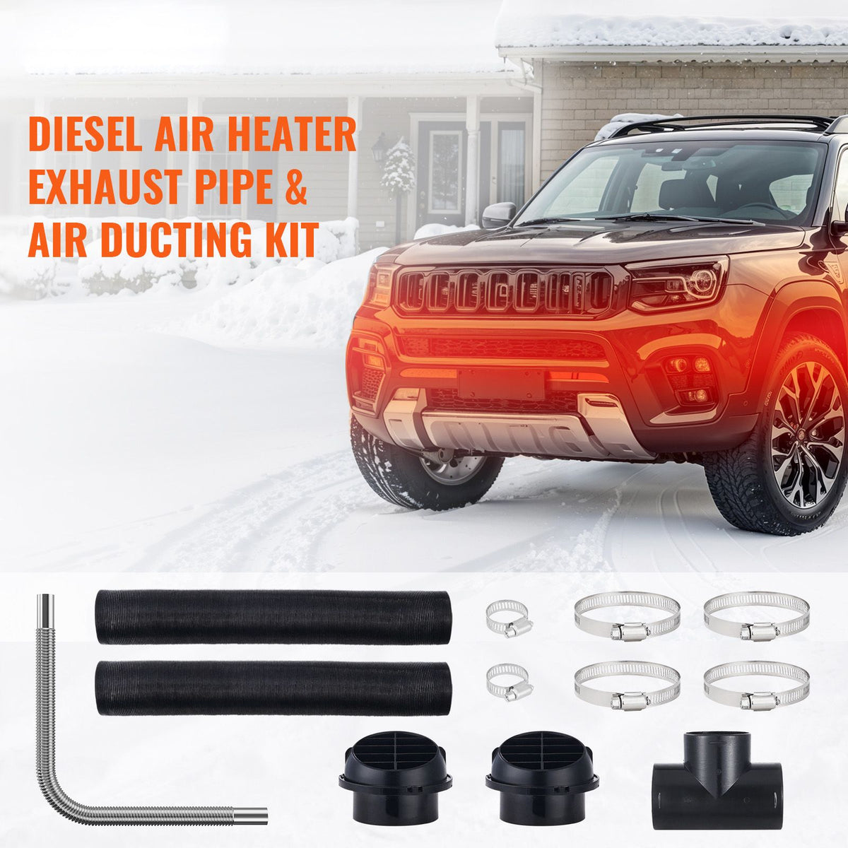 Diesel Heater Pipe Ducting Set, 3" Extendable Air Duct Hose, 1" Stainless Steel Exhaust Pipe, 2 Air Vents, Tee Air Outlet Connector and Hose Clamps, for 2KW/5KW/8KW Diesel Parking Heaters