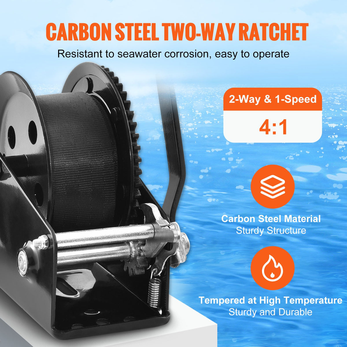 Hand Winch, 725.7 kg Pulling Capacity, Boat Trailer Winch Heavy Duty Rope Crank with 10 m Polyester Strap and Two-Way Ratchet, Manual Operated Hand Crank Winch for Trailer, Boat or ATV Towing