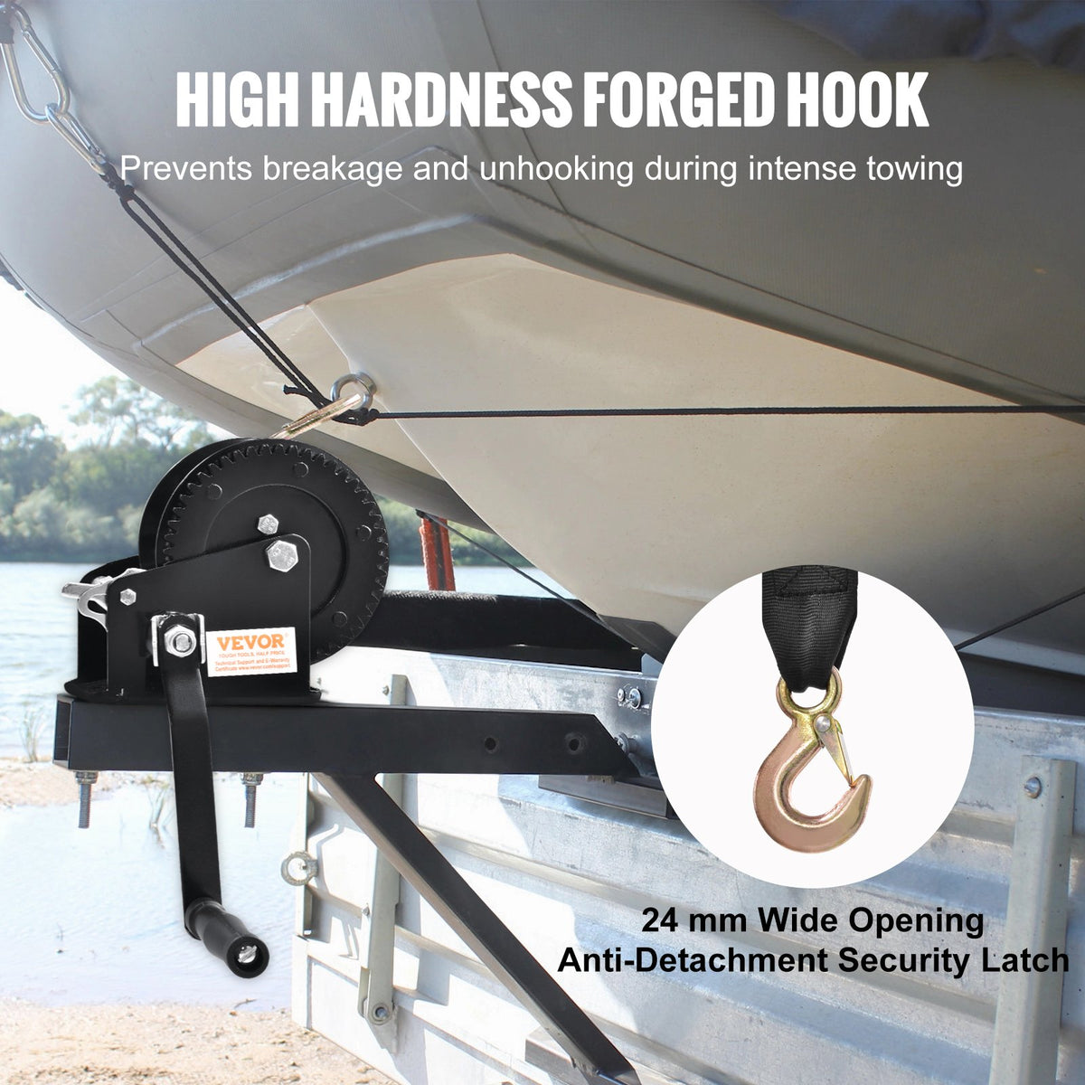 Hand Winch, 725.7 kg Pulling Capacity, Boat Trailer Winch Heavy Duty Rope Crank with 10 m Polyester Strap and Two-Way Ratchet, Manual Operated Hand Crank Winch for Trailer, Boat or ATV Towing
