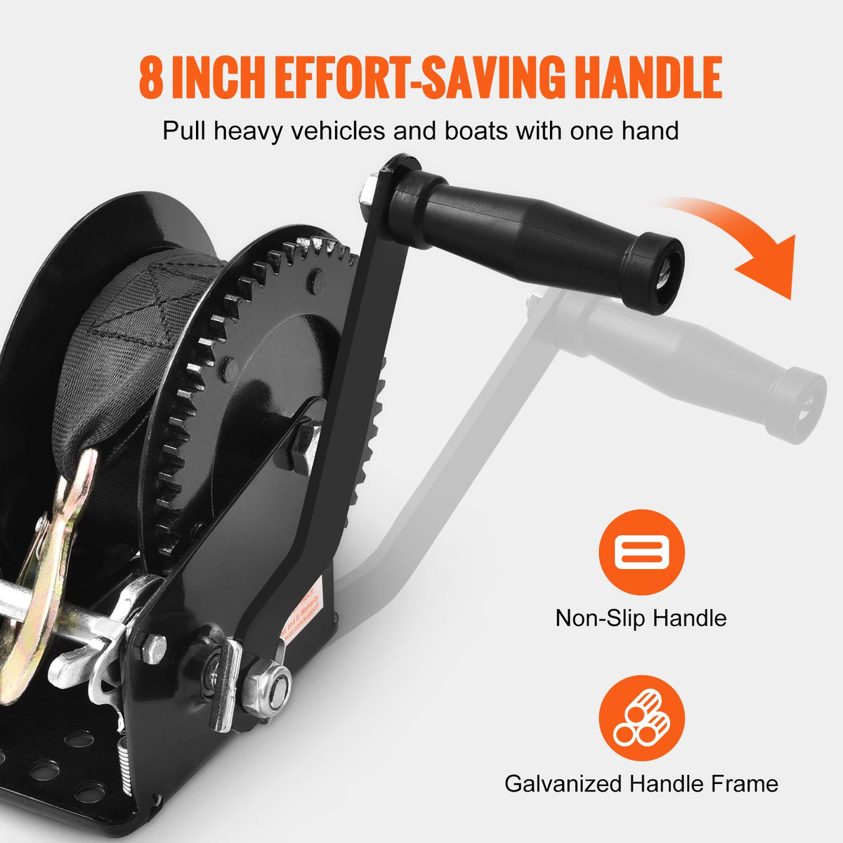 Hand Winch, 725.7 kg Pulling Capacity, Boat Trailer Winch Heavy Duty Rope Crank with 10 m Polyester Strap and Two-Way Ratchet, Manual Operated Hand Crank Winch for Trailer, Boat or ATV Towing
