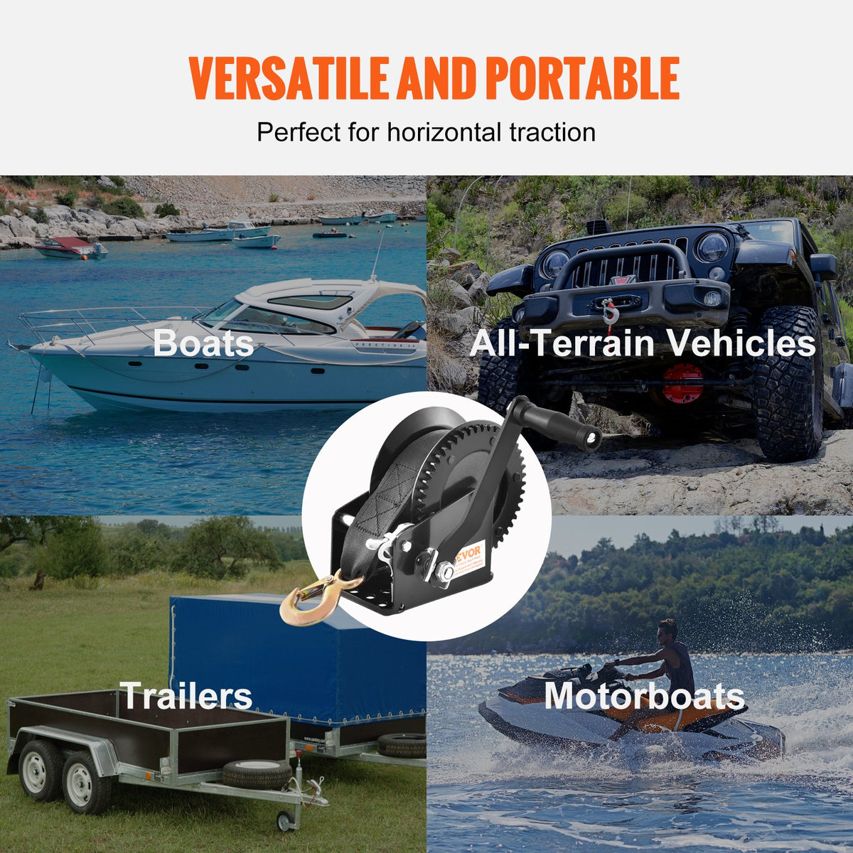 Hand Winch, 725.7 kg Pulling Capacity, Boat Trailer Winch Heavy Duty Rope Crank with 10 m Polyester Strap and Two-Way Ratchet, Manual Operated Hand Crank Winch for Trailer, Boat or ATV Towing