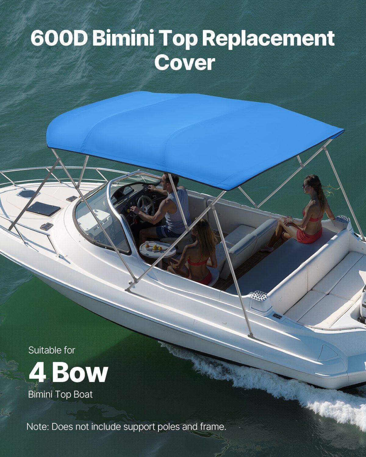 4 Bow Bimini Top Replacement Cover, 2440 mm Long, Durable 600D Marine Grade Waterproof Sun Shade Boat Canopy with Storage Boot, Easy Install Zipper Sleeve Awning, 2464-2616 mm W, Blue (No Frame)