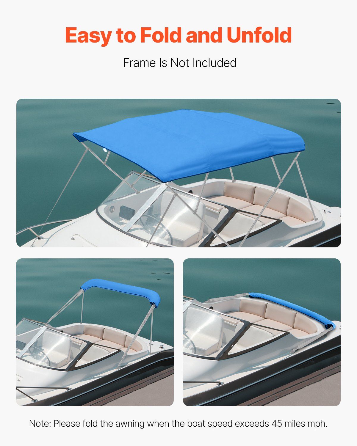 4 Bow Bimini Top Replacement Cover, 2440 mm Long, Durable 600D Marine Grade Waterproof Sun Shade Boat Canopy with Storage Boot, Easy Install Zipper Sleeve Awning, 2464-2616 mm W, Blue (No Frame)