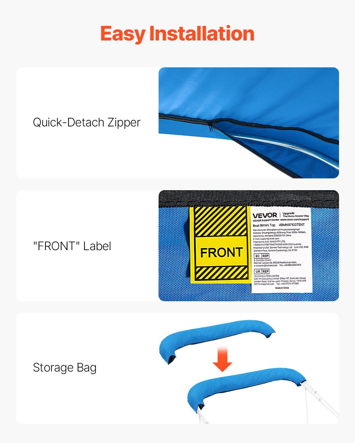 4 Bow Bimini Top Replacement Cover, 2440 mm Long, Durable 600D Marine Grade Waterproof Sun Shade Boat Canopy with Storage Boot, Easy Install Zipper Sleeve Awning, 2464-2616 mm W, Blue (No Frame)