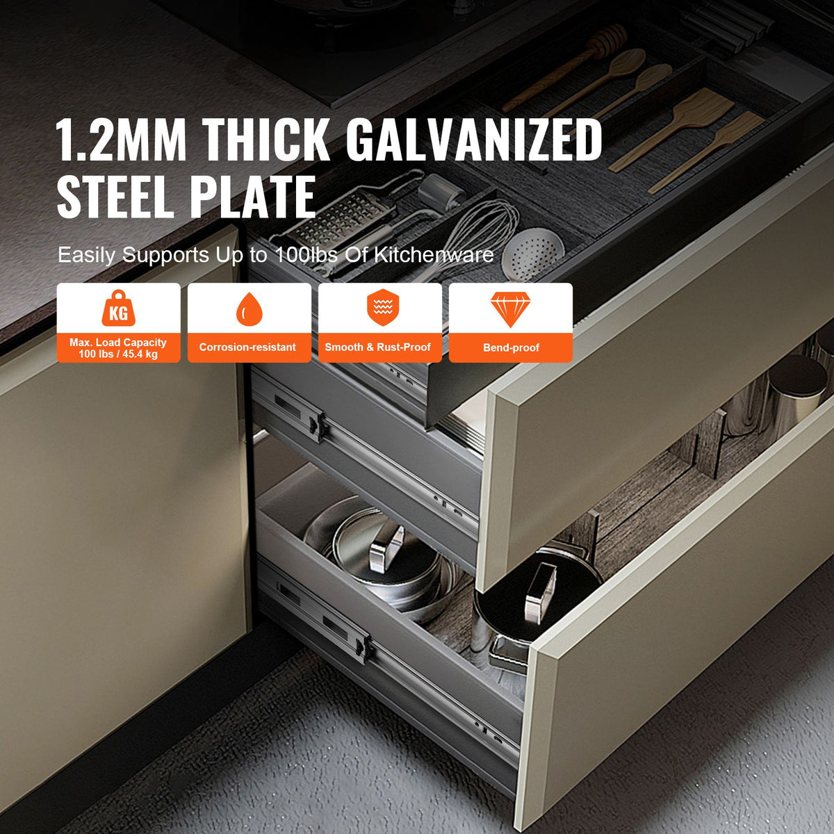 6 Pairs of 406.4mm Drawer Slides Side Mount Rails, Heavy Duty Full Extension Steel Track, Soft-Close Noiseless Guide Glides Cabinet Kitchen Runners with Ball Bearing, 100 Lbs Load Capacity
