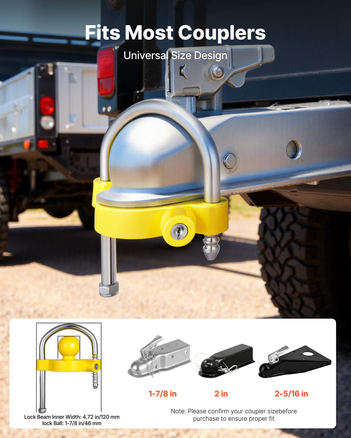 Trailer Hitch Lock Kit, Fits for 46 mm, 50.8 mm, 58.7 mm Couplers, Heavy-Duty Anti-Theft Trailer Ball Lock with Keys, Prying-Resistant, Adjustable Height Design for RVs, Boats, Trailers
