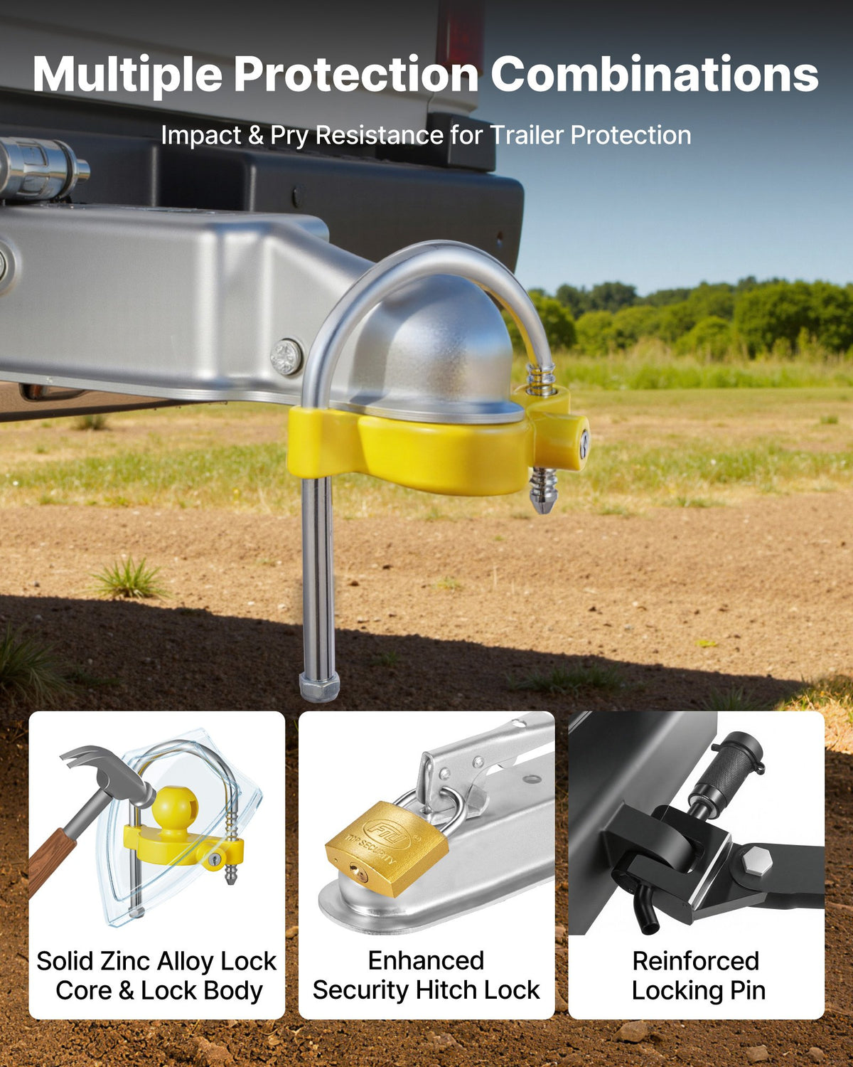 Trailer Hitch Lock Kit, Fits for 46 mm, 50.8 mm, 58.7 mm Couplers, Heavy-Duty Anti-Theft Trailer Ball Lock with Keys, Prying-Resistant, Adjustable Height Design for RVs, Boats, Trailers