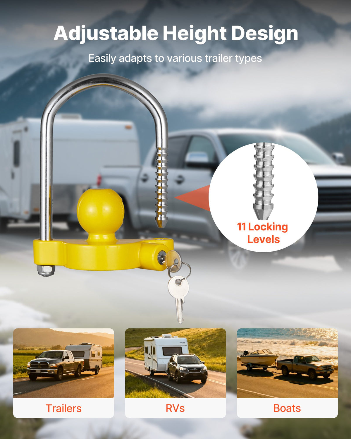 Trailer Hitch Lock Kit, Fits for 46 mm, 50.8 mm, 58.7 mm Couplers, Heavy-Duty Anti-Theft Trailer Ball Lock with Keys, Prying-Resistant, Adjustable Height Design for RVs, Boats, Trailers
