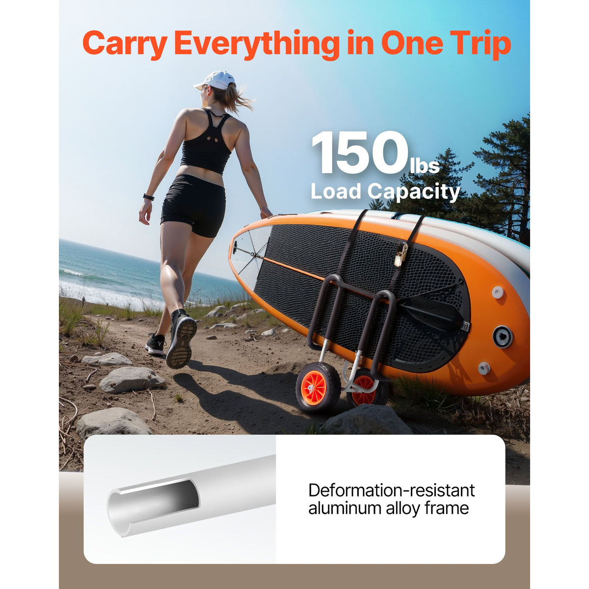 Kayak Cart, 68.0 kg Load Capacity, Stand Up Paddle Board Trolley with 25.4 cm Solid Rubber Tires & Kickstands, Paddle Board Carrier with Ratchet Strap for Paddleboard & Surfboard Transport