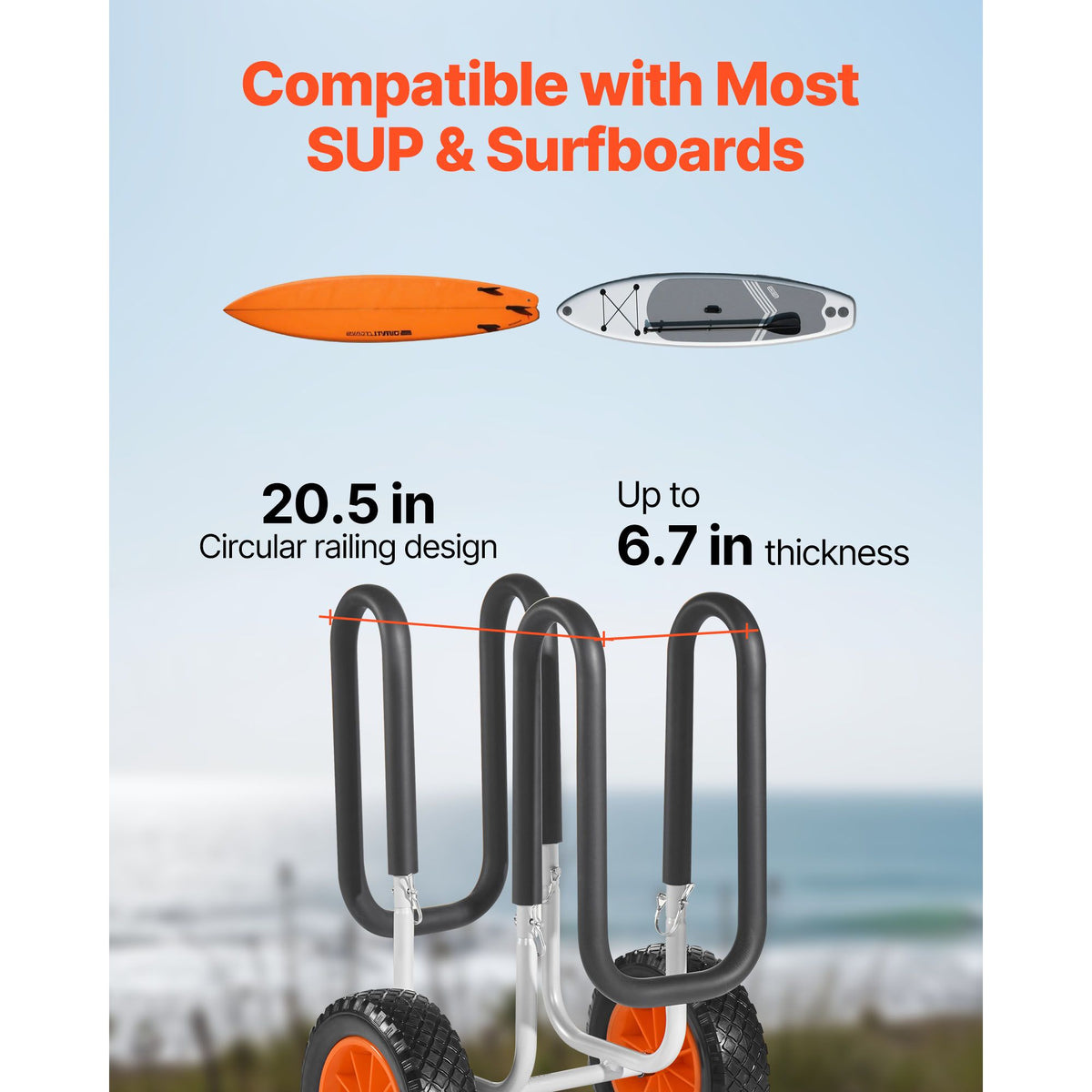 Kayak Cart, 68.0 kg Load Capacity, Stand Up Paddle Board Trolley with 25.4 cm Solid Rubber Tires & Kickstands, Paddle Board Carrier with Ratchet Strap for Paddleboard & Surfboard Transport
