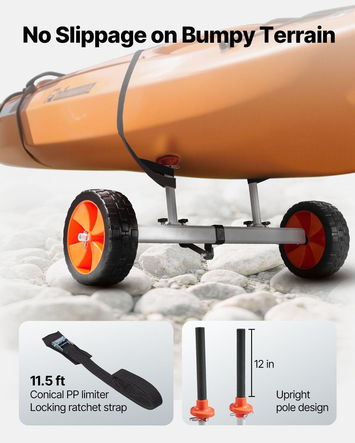 Kayak Cart, 104 kg Load Capacity, Canoe Cart Dolly with 25.4 cm Solid PU Tires & Kickstand, Assembles & Disassembles Within Seconds, Paddle Board Trolley for Kayaks, Canoes, Paddleboards