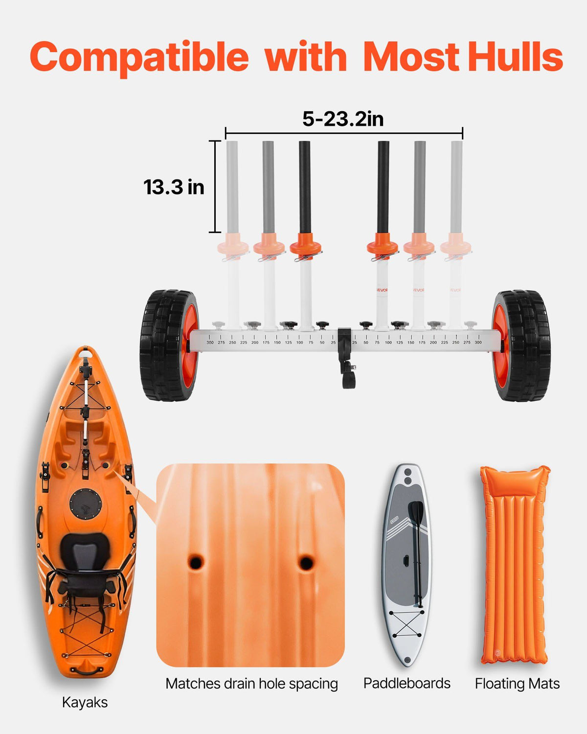 Kayak Cart, 104 kg Load Capacity, Canoe Cart Dolly with 25.4 cm Solid PU Tires & Kickstand, Assembles & Disassembles Within Seconds, Paddle Board Trolley for Kayaks, Canoes, Paddleboards