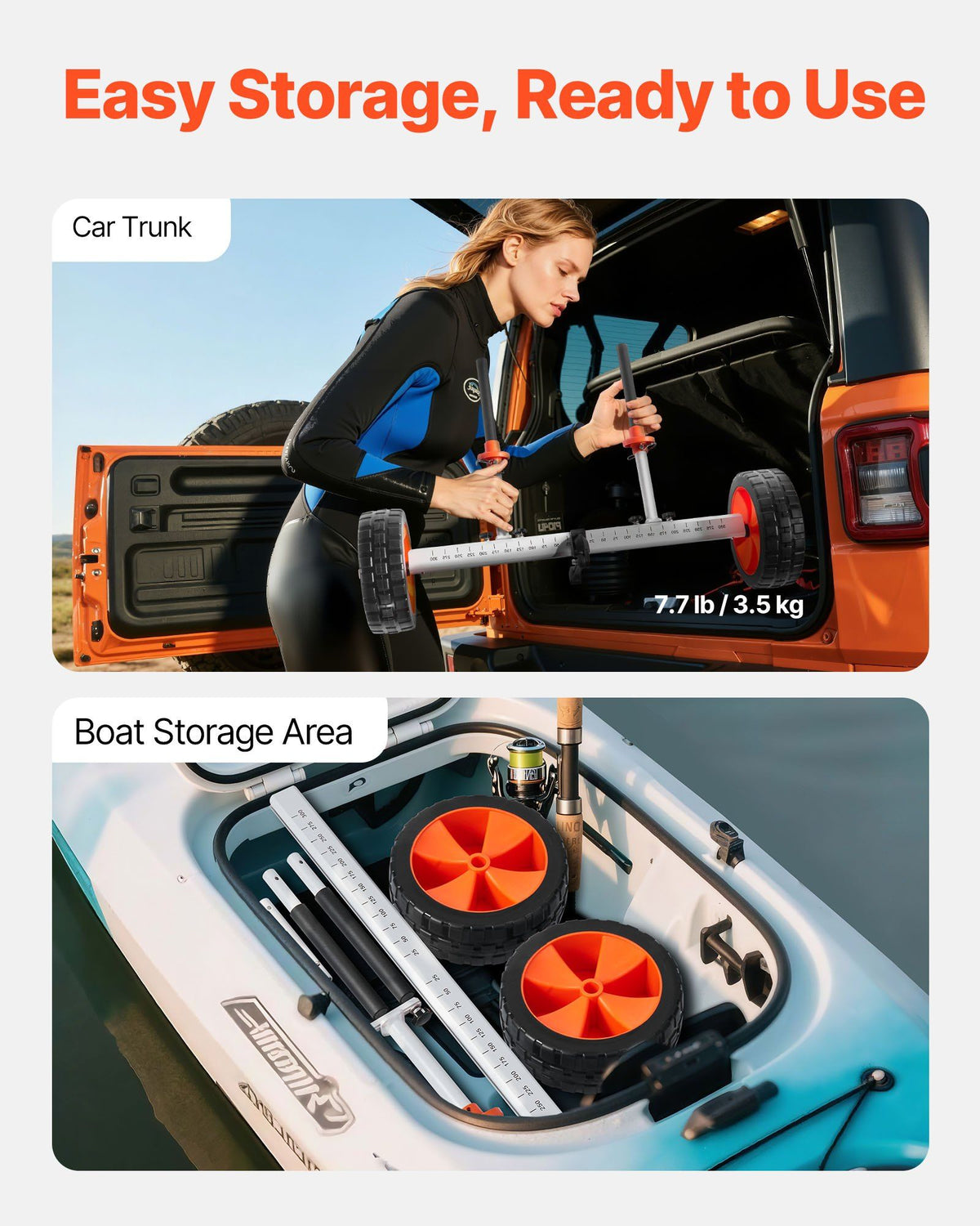 Kayak Cart, 104 kg Load Capacity, Canoe Cart Dolly with 25.4 cm Solid PU Tires & Kickstand, Assembles & Disassembles Within Seconds, Paddle Board Trolley for Kayaks, Canoes, Paddleboards