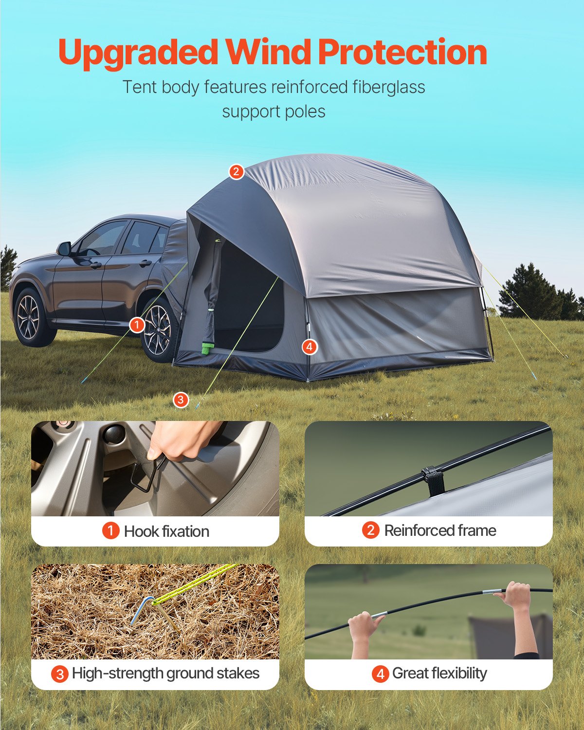 SUV Tent for Camping, 8FT L x 8FT W, Waterproof PU2000mm Spacious Double Layer Design for 5-8 Person, SUV Camping Tent with Mesh Windows, Includes Rainfly & Storage Bag, for Outdoor Activities