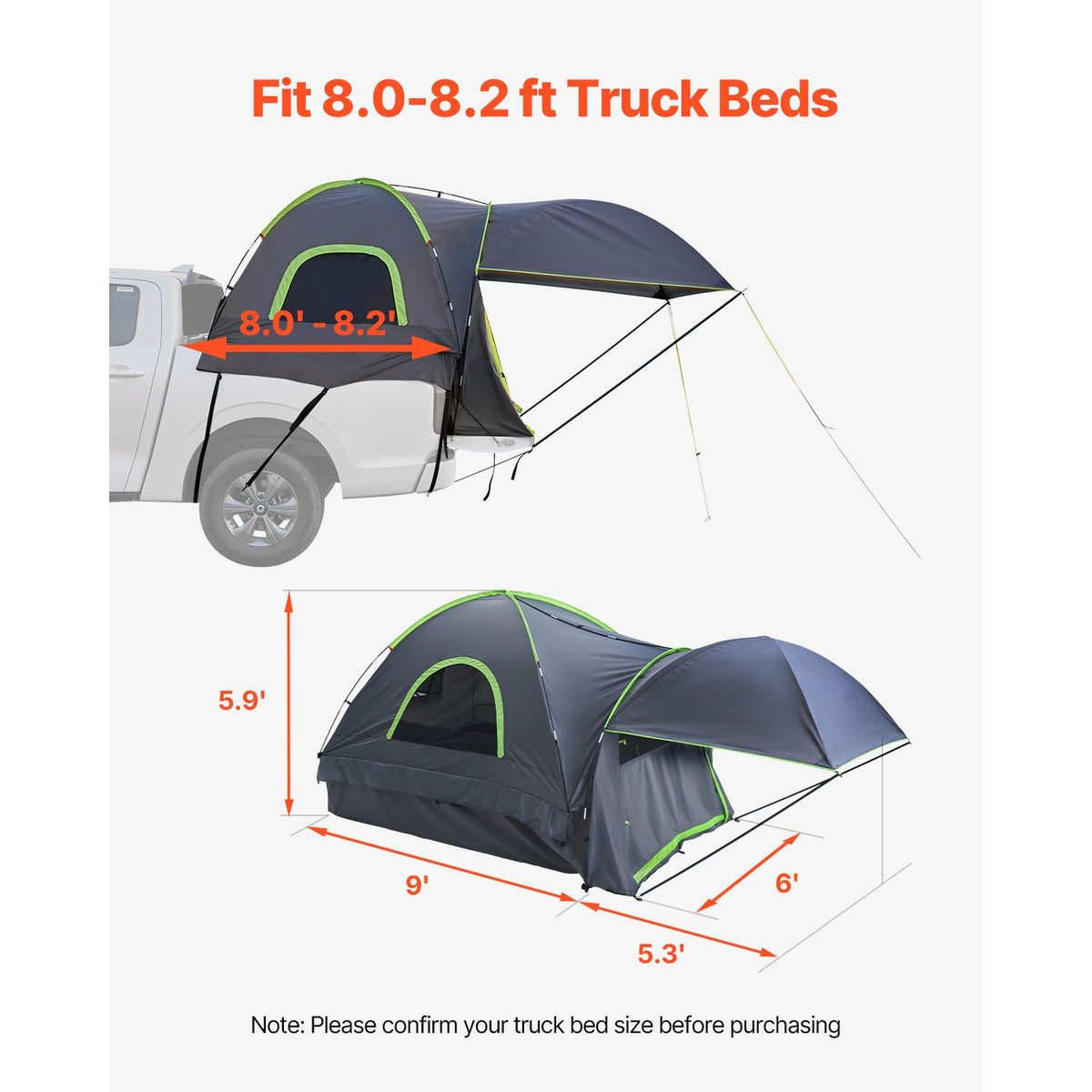 Truck Tent 8.0-8.2ft Waterproof PU2000 Truck Bed Camping Tent 2-3 Person