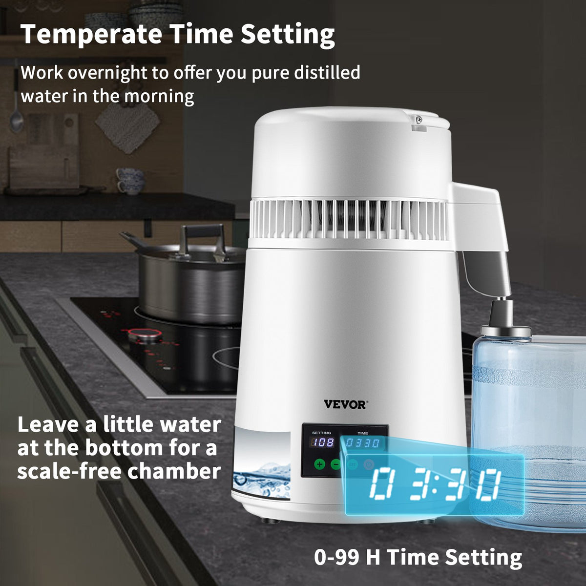 4L Water Distiller 1L/H Distilled Water Maker Timing & Temp Display White