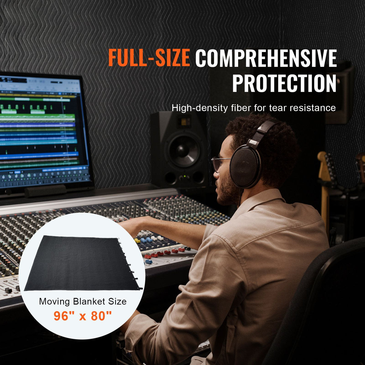 Sound Dampening Blanket, 2438 x 2032 mm Extra Large Studio Grommeted Soundproof Blanket with Grommets, Light Blocker for Door Acoustic Noise Blocking Blanket Studio Sound Absorption Sheet, Black
