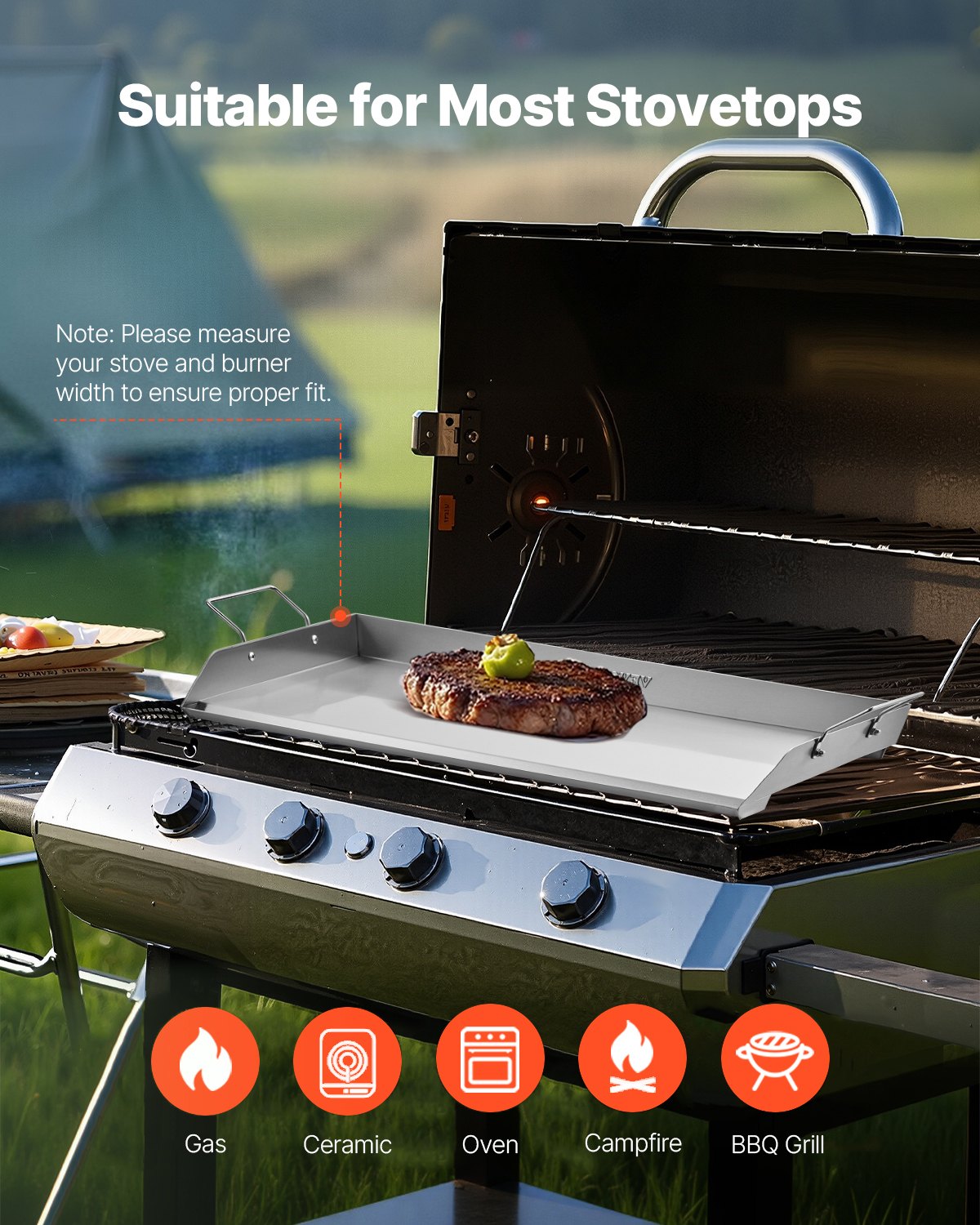 Stainless Steel Griddle, 32x16 inch Universal Flat Top Rectangular Plate, Gas Grill Griddle for BBQ Grill, Teppanyaki, Portable Family Cookware with Handle, for Camping Tailgating Party