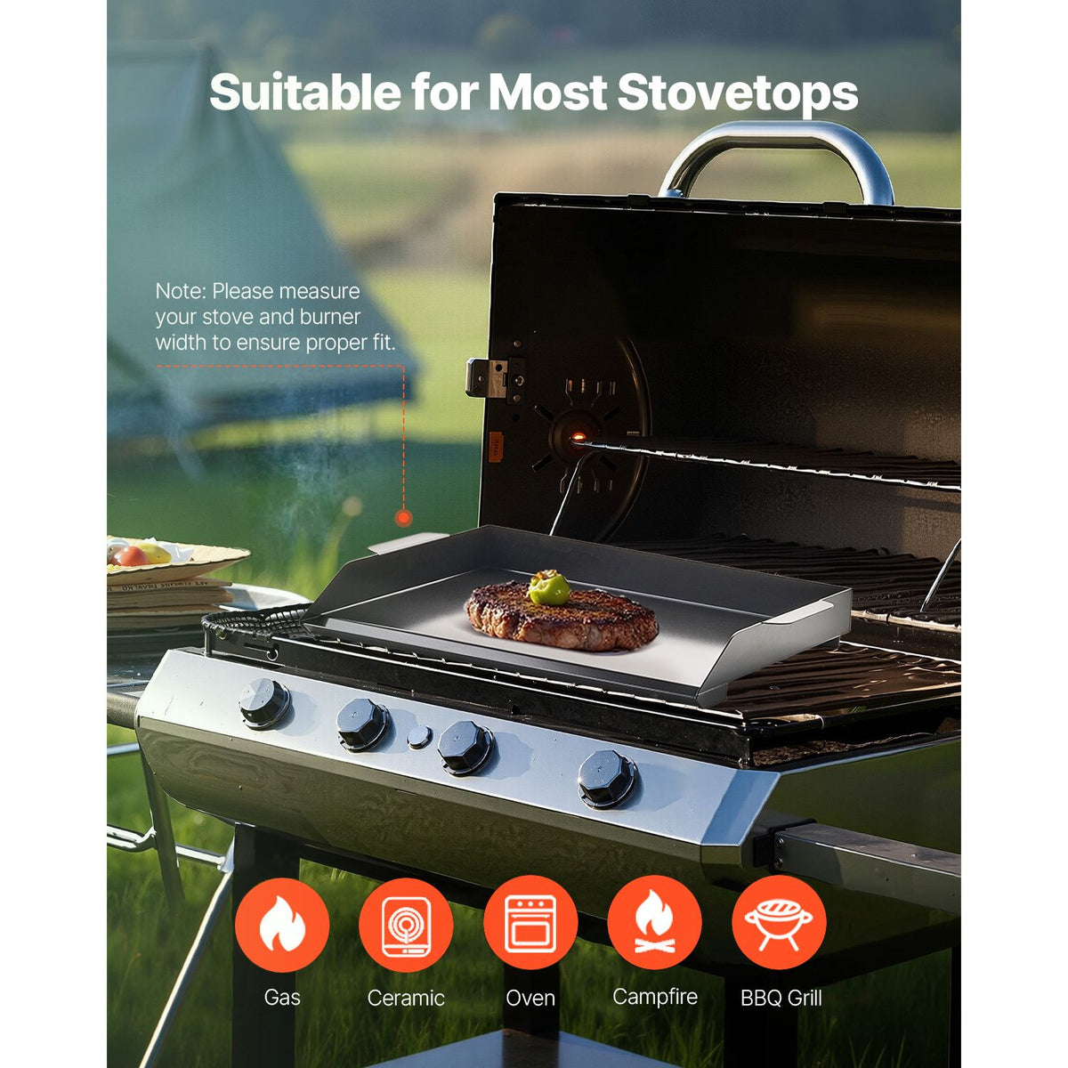Carbon Steel Griddle, 22x16 inch Universal Flat Top Rectangular Plate, Gas Grill Griddle for BBQ Grill, Teppanyaki, Portable Family Cookware, for Camping Tailgating Party, Black