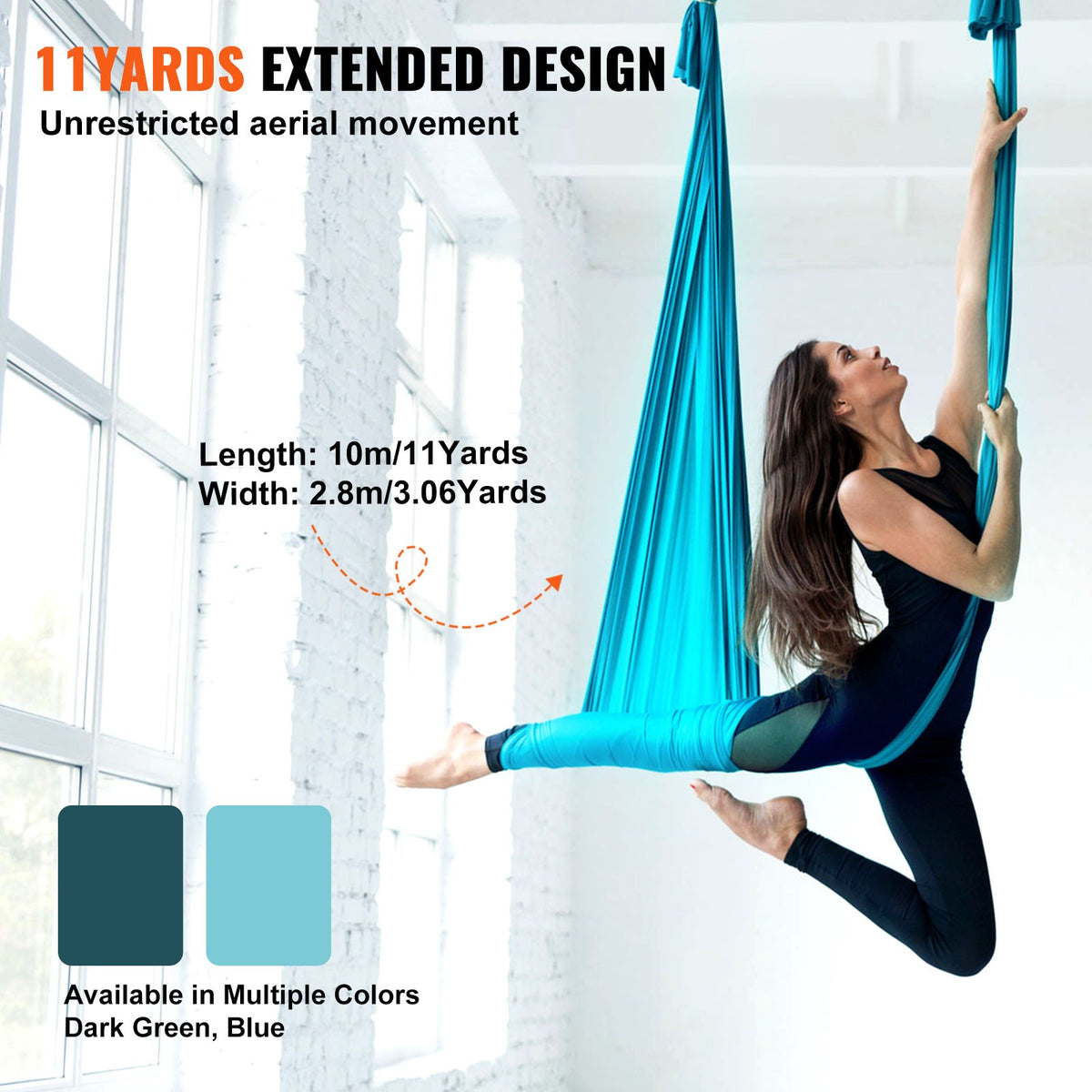 Aerial Silk & Yoga Swing, 10 m Length, Aerial Yoga Hammock Kit with 100gsm Nylon Fabric, Full Rigging Hardware & Easy Set-up Guide, Antigravity Flying for All Levels Fitness Bodybuilding, Blue