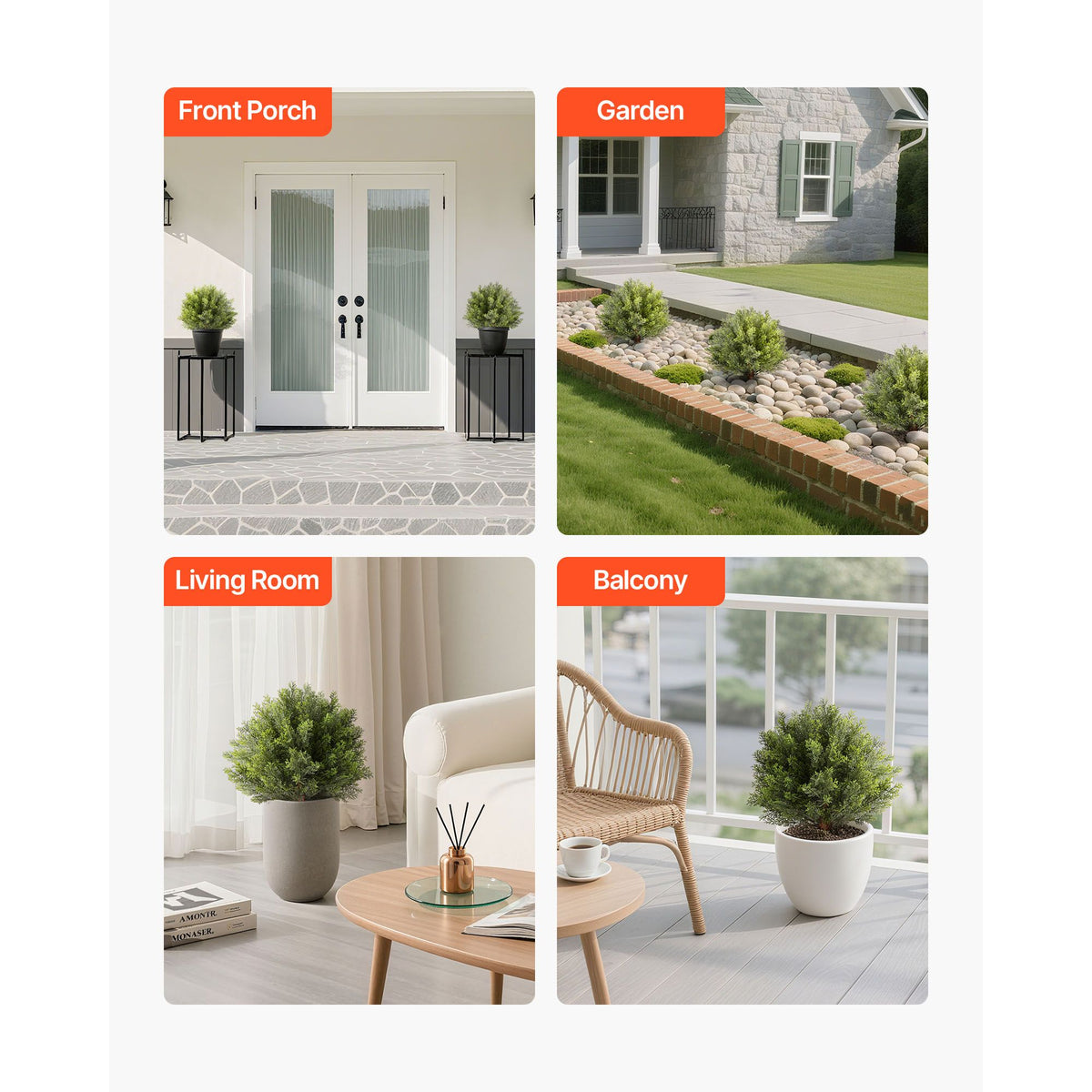 Artificial Topiary Cypress Trees with Ground Spike, 2 Set 406mm Faux Shrubs & Bushes Potted Plants, Fake Silk Tree Look Real for Decor Front Porch Outdoor Indoor Patio Garden Balcony Backyard