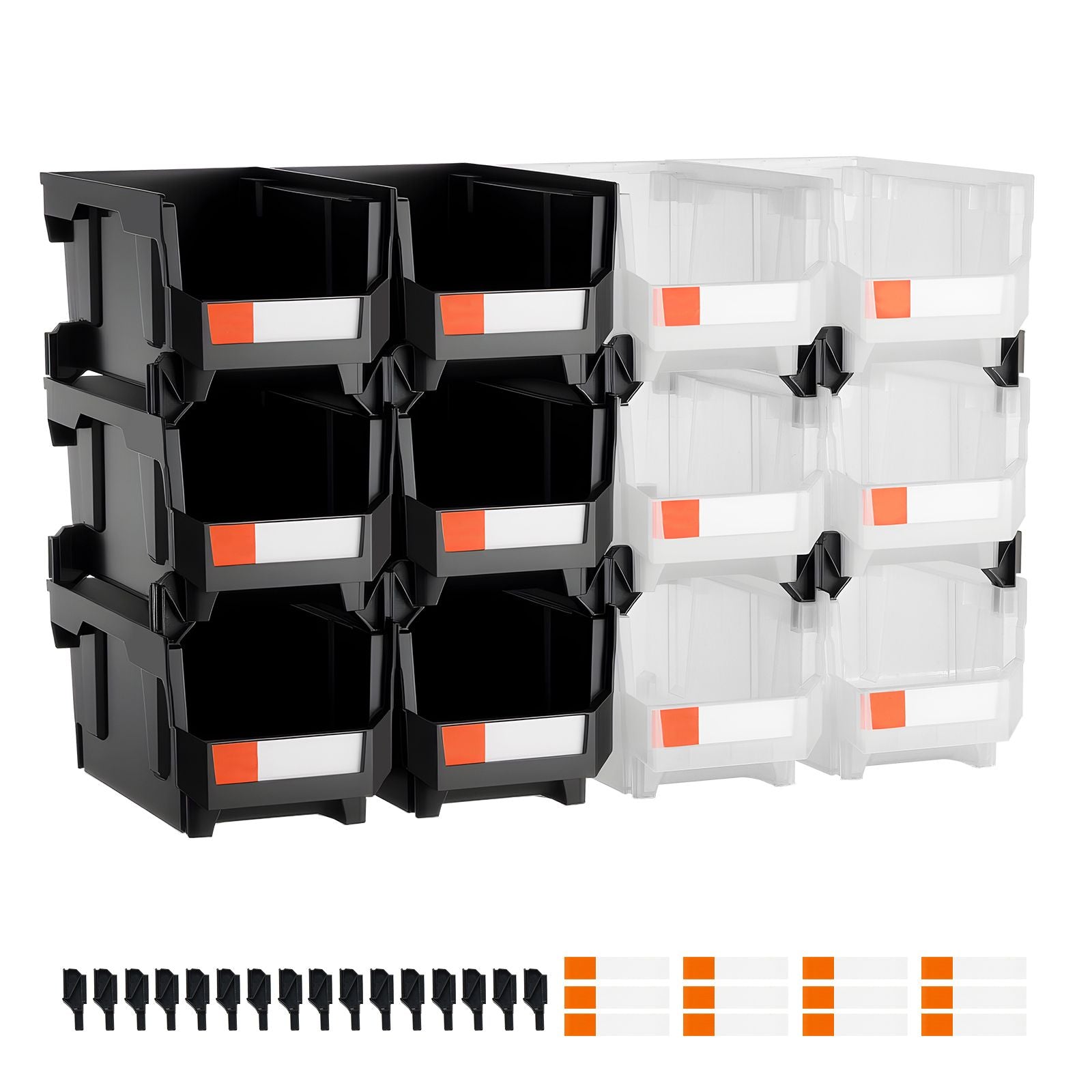 Plastic Stackable Storage Bins, 37.7 x 21.5 x 18 cm (12 Pack), Plastic Containers for Organizing & Storage Bins for Garage, Small Parts, Office Supplies, Other Accessories, Black & Transparent