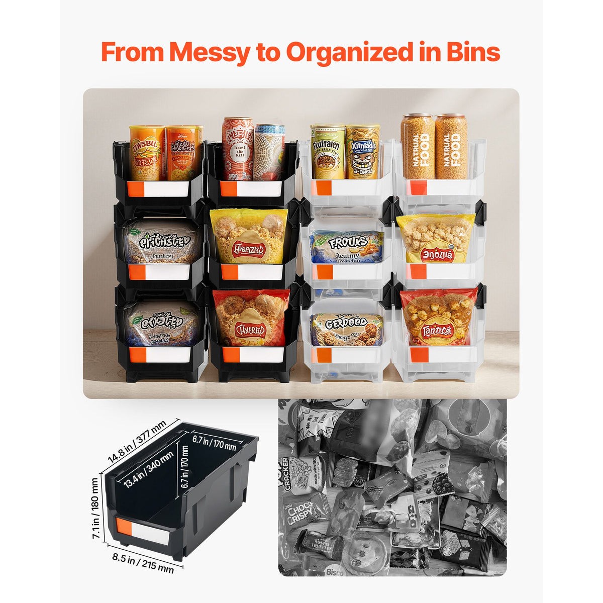 Plastic Stackable Storage Bins, 37.7 x 21.5 x 18 cm (12 Pack), Plastic Containers for Organizing & Storage Bins for Garage, Small Parts, Office Supplies, Other Accessories, Black & Transparent