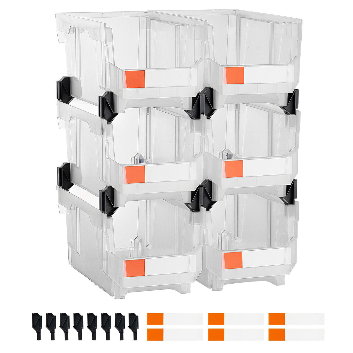 Plastic Stackable Storage Bins, 37.7 x 21.5 x 18 cm (6 Pack), Plastic Containers for Organizing & Storage Bins for Closet, Garage, Small Parts, Office Supplies, Other Accessories, Transparent