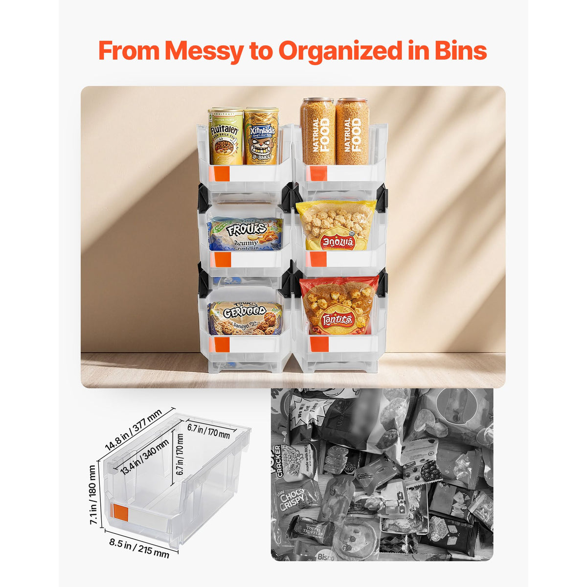 Plastic Stackable Storage Bins, 37.7 x 21.5 x 18 cm (6 Pack), Plastic Containers for Organizing & Storage Bins for Closet, Garage, Small Parts, Office Supplies, Other Accessories, Transparent