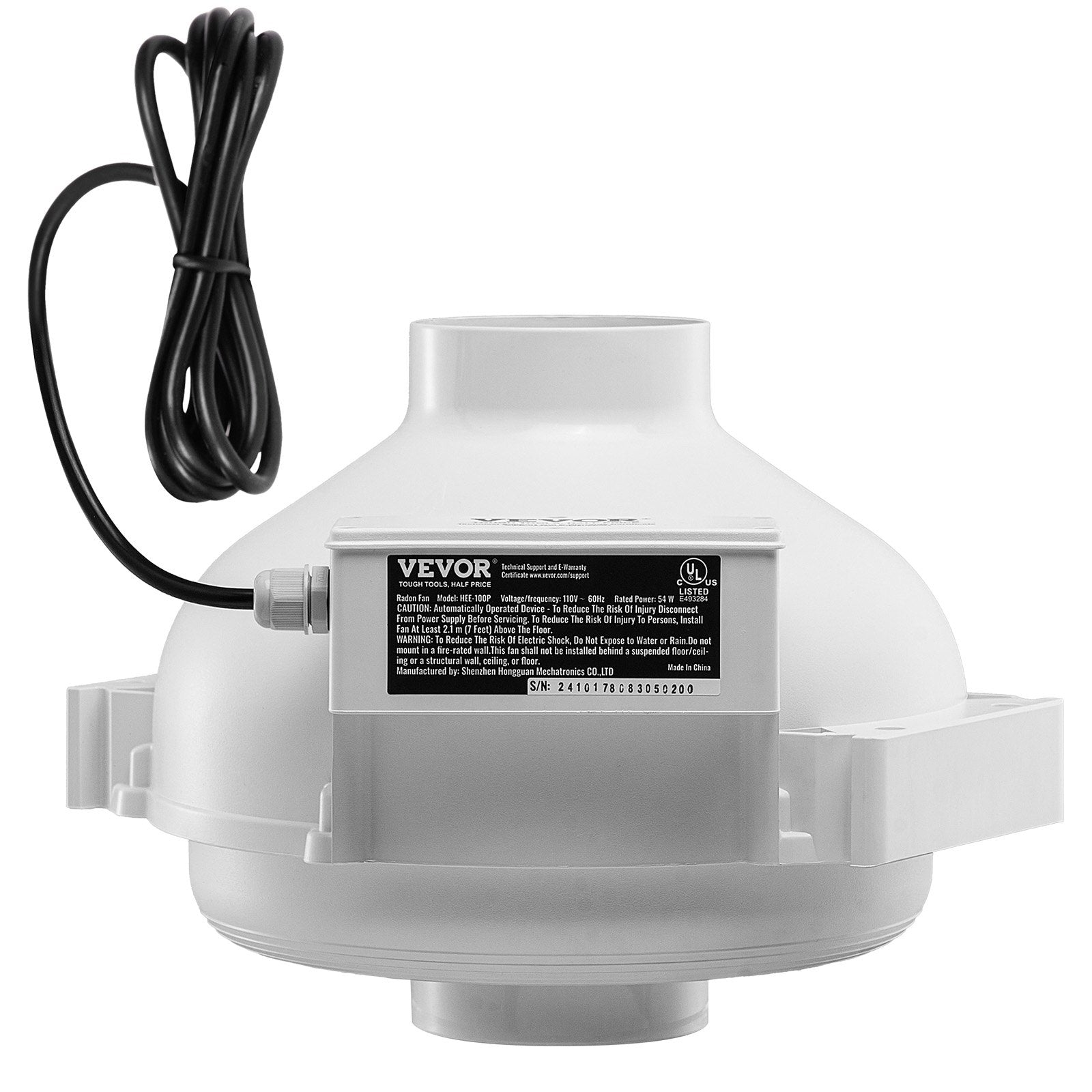 4" to 4.5" Radon Mitigation Fan System Quiet 260CFM Inline Duct Waterproof