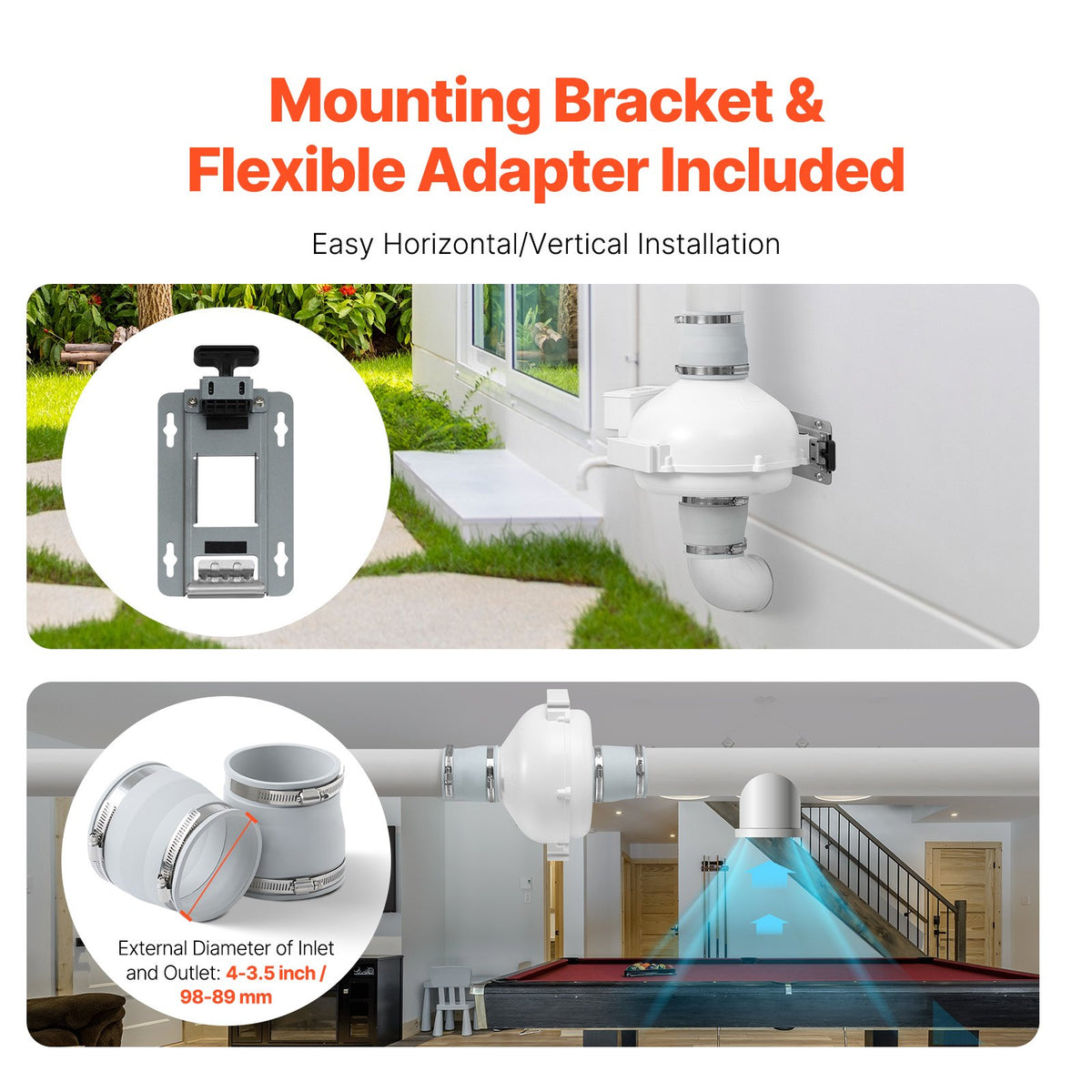 4" to 3.5" Radon Mitigation Fan System Kit Quiet 260 CFM Inline Duct Fan