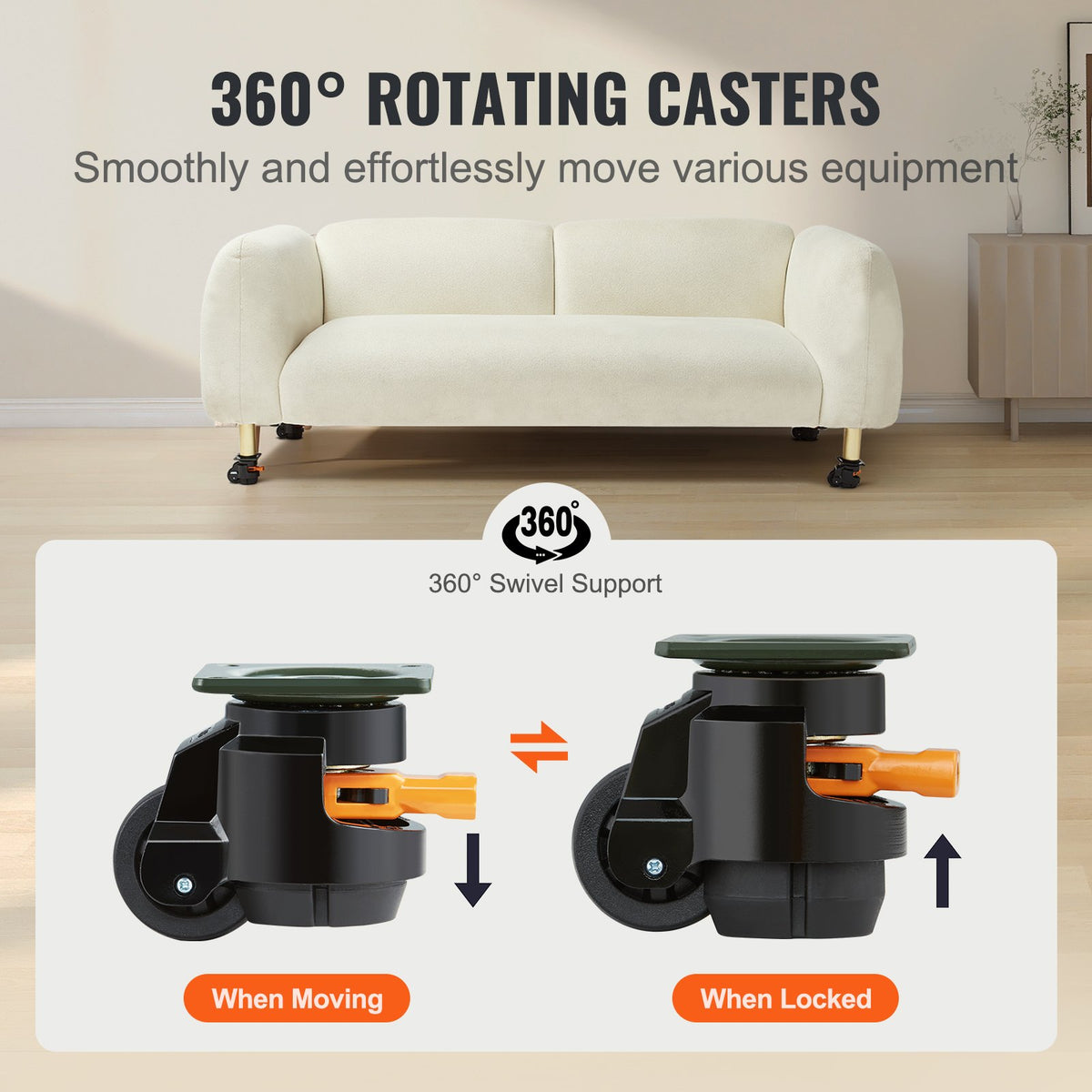 Leveling Casters, Set of 4, 500 kg Total Load Capacity, 50.8 mm, Heavy Duty with Upgraded Handle Design, 360 Degree Swivel Caster Wheels, Adjustable Casters with Feet for Workbench, Machine