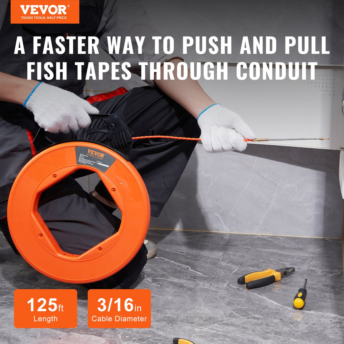 Fish Tape, 38.1 m Length, 4.5 mm, PET Wire Puller with Optimized Housing and Handle, Easy-to-Use Cable Puller Tool, Flexible Wire Fishing Tools for Walls and Electrical Conduit, Non-Conductive