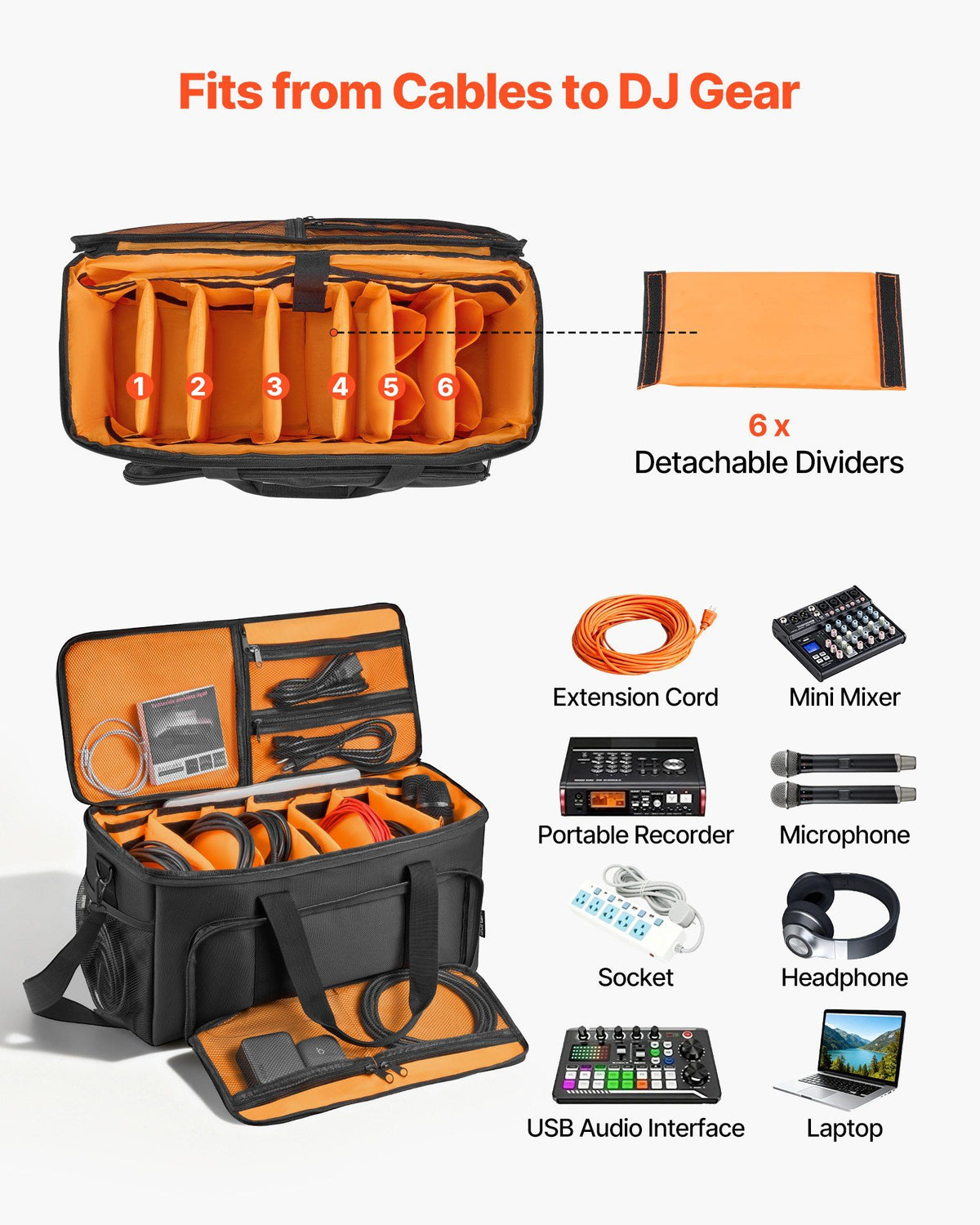 Rolling DJ Cable Bag, 1680D, Padded File Gig Bag with Wheels, 6 Detachable Divider, Travel Storage Music Gear Case, for Professional DJ Gear, Musical Instrument and Accessories, Sound Equipment