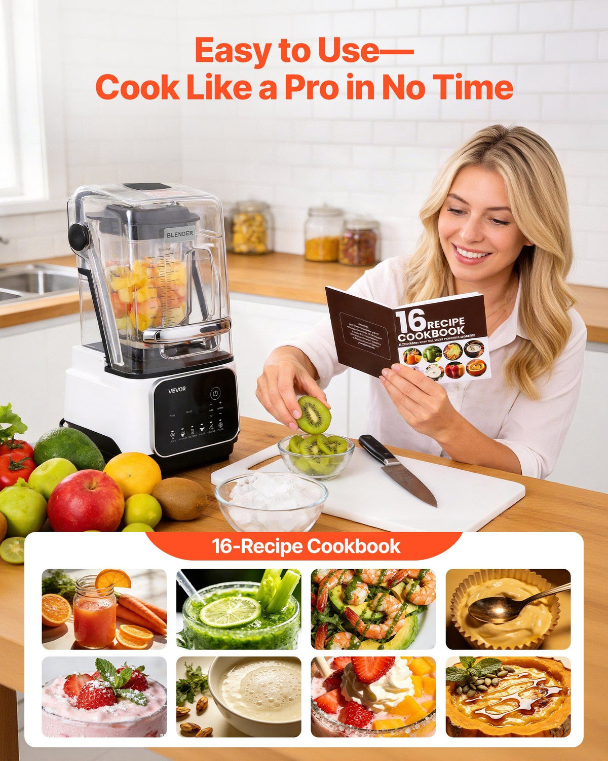 Blender, 2L Professional Countertop Blenders with Shield, 2200W 26000RPM Kitchen Food Processor Combo, Self-Cleaning, Speed Adjustable, 6 Preset Menu for Smoothies, Ice Crushing, Puree, White