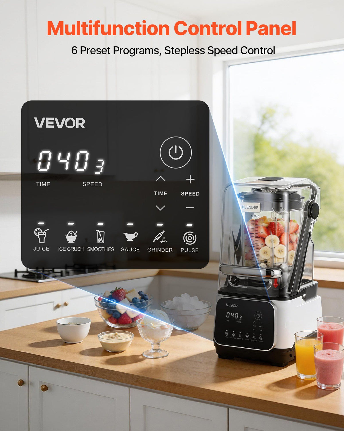 Blender, 2L Professional Countertop Blenders with Shield, 2200W 26000RPM Kitchen Food Processor Combo, Self-Cleaning, Speed Adjustable, 6 Preset Menu for Smoothies, Ice Crushing, Puree, White