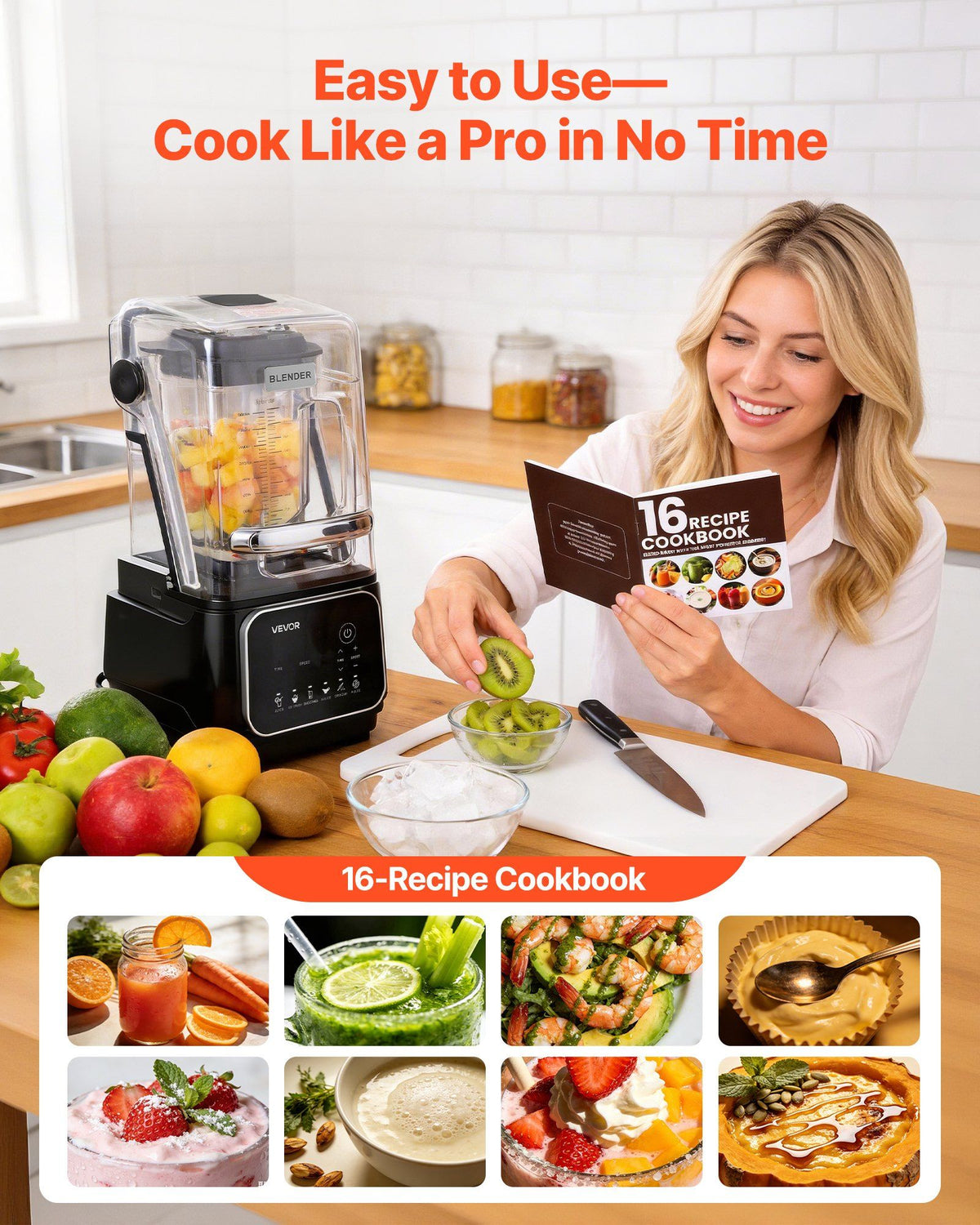 Blender, 2L Professional Countertop Blenders with Shield, 2200W 26000RPM Kitchen Food Processor Combo, Self-Cleaning, Speed Adjustable, 6 Preset Menu for Smoothies, Ice Crushing, Puree, Black