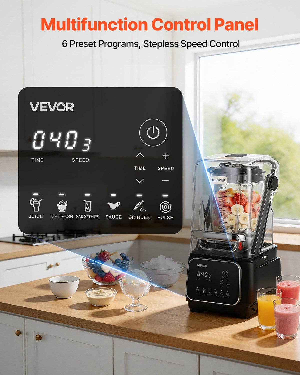 Blender, 2L Professional Countertop Blenders with Shield, 2200W 26000RPM Kitchen Food Processor Combo, Self-Cleaning, Speed Adjustable, 6 Preset Menu for Smoothies, Ice Crushing, Puree, Black