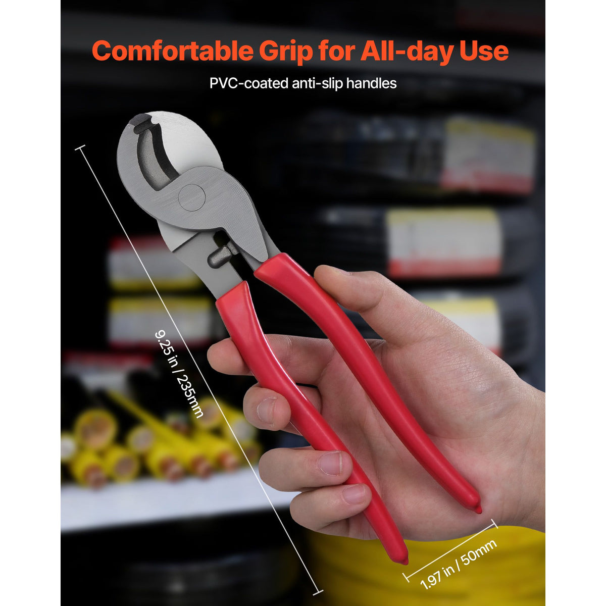 High Leverage Cable Cutter, 235 mm Compact, Forged Blades and PVC-Coated Handles, Heavy Duty Cable Cutting Pliers Tool for 4/0 AWG Aluminum, 2/0 AWG Soft Copper and 100-Pair 24AWG Comm Cable