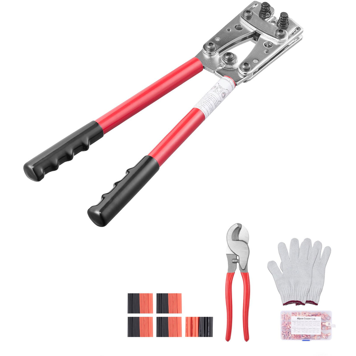 Battery Cable Lug Crimping Tool, 10-1/0AWG with Cable Cutter and 95PCS Copper Ring Terminals, 6 Wire Sizes Crimping Die and 100pcs Heat Shrink Tubes, for Heavy Duty Wire Lugs