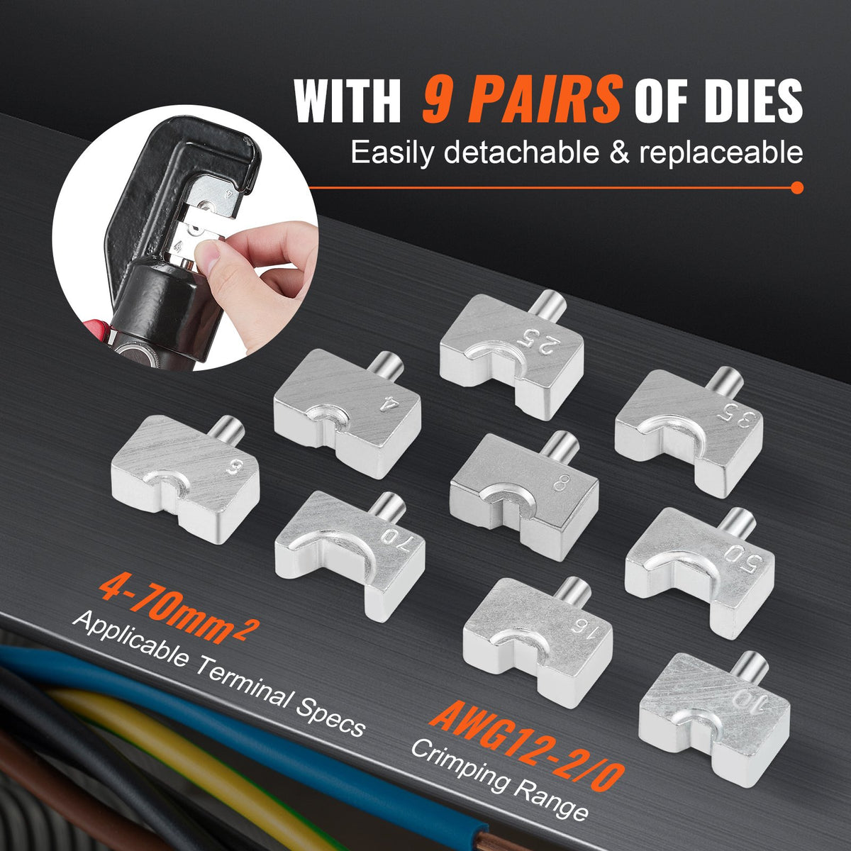 Hydraulic Crimping Tool with 9 Sets of Dies AWG12-2/0 Copper And Aluminum Terminal Battery Lug Crimper, with a Cutting Pliers, Gloves, 5pcs Copper Ring Connectors, 8pcs Heat Shrink Sleeves