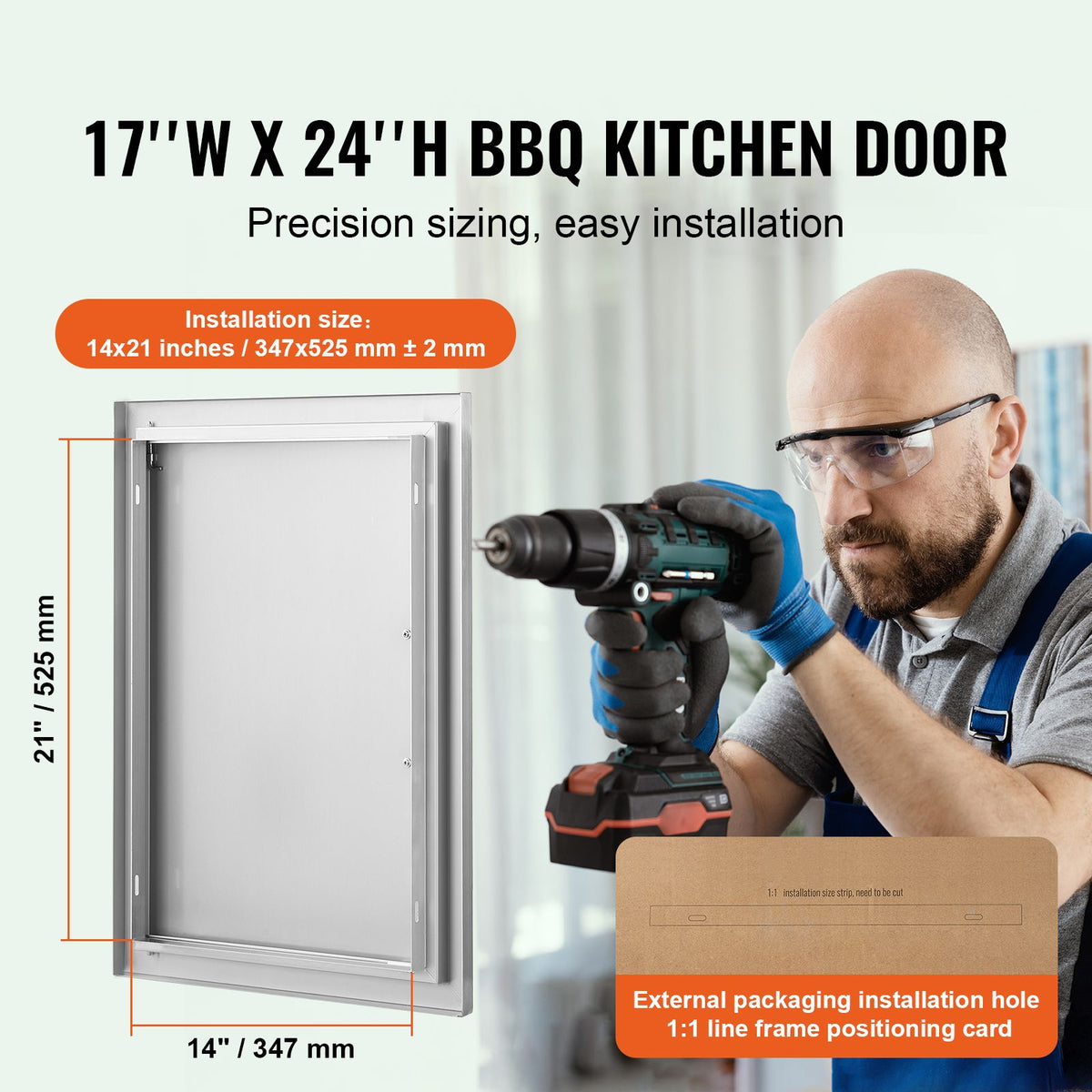 BBQ Access Door, 432x610 mm Single Outdoor Kitchen Door, Stainless Steel Flush Mount Door, Wall Vertical Door with Handle, for BBQ Island, Grilling Station, Outside Cabinet