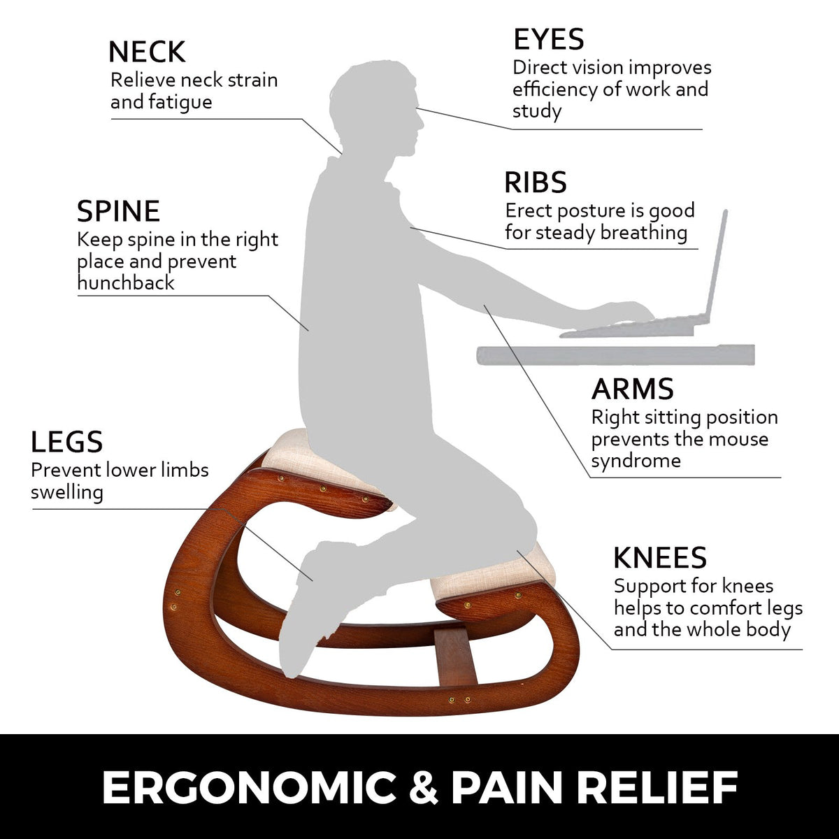 Ergonomic Kneeling Chair Wooden Neck Pain Relief Relieve Fatigue Wood Stool