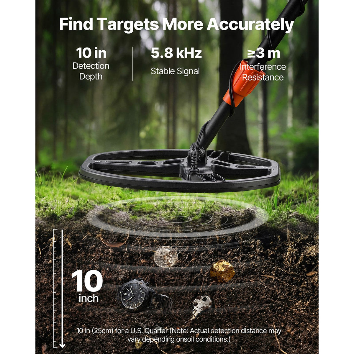 Metal Detector for Adults, 254 mm, Professional High Accuracy Gold Detector, IP68 Waterproof Search Coil with Display, Headphones, 5 Modes, Adjustable Length, for Detecting Gold Treasure Hunting